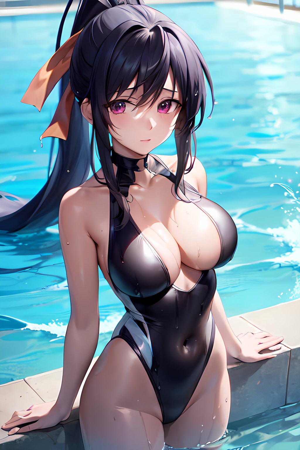 masterpiece, absurdres , (intricate details), (colorful),cinematic lighting,bust shot,extremely detailed CG unity 8k wallpaper, looking at viewer, front view, <lora:akenoHSDXD-054:1> akenohimejima, very long hair, ponytail, yellow ribbon, one-piece swimsuit,halterneck, poolside, sunlight, water, splashing, wet, wet hair, partially submerged