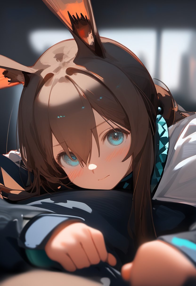 best,hight,score_9,<lora:chenkin_nai3_style:1>,1girl,solo,amiya_\(arknights\),blue_eyes,looking_at_viewer,rabbit_ears,brown_hair,hair_between_eyes,long_hair,lying,bangs,closed_mouth,indoors,blurry_background,depth_of_field,blush,long_sleeves,