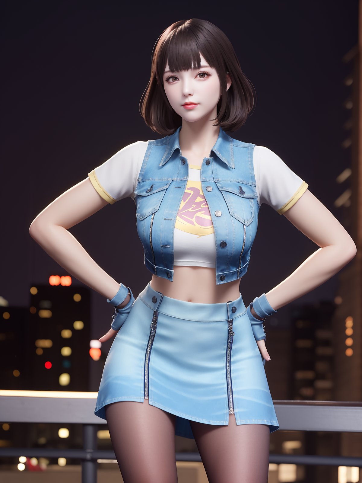 CFkongBW, 1girl, solo, pantyhose, fingerless gloves, short hair, denim skirt, midriff, black hair, denim jacket, bangs, lips, brown eyes, shirt, <lora:CFkongBW:0.75>,cityscape, night, looking at viewer, mature female, standing, hand on hip, 