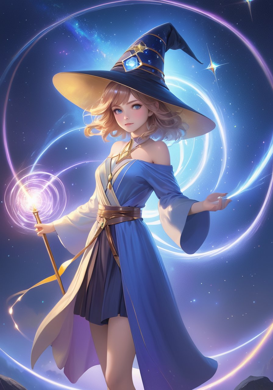 realistic, 1girl, solo, wizard hat, robe, holding staff, on magic circle, sparkles, light particles, crystal, prism, glowing light,wani wani panic,startrail,ultra realistic detailed,aesthetic,best quality,(photorealistic:1.2),dynamic angle,elegant,realistic skin detail ,strap_slip, bare_shoulders, off_shoulder,