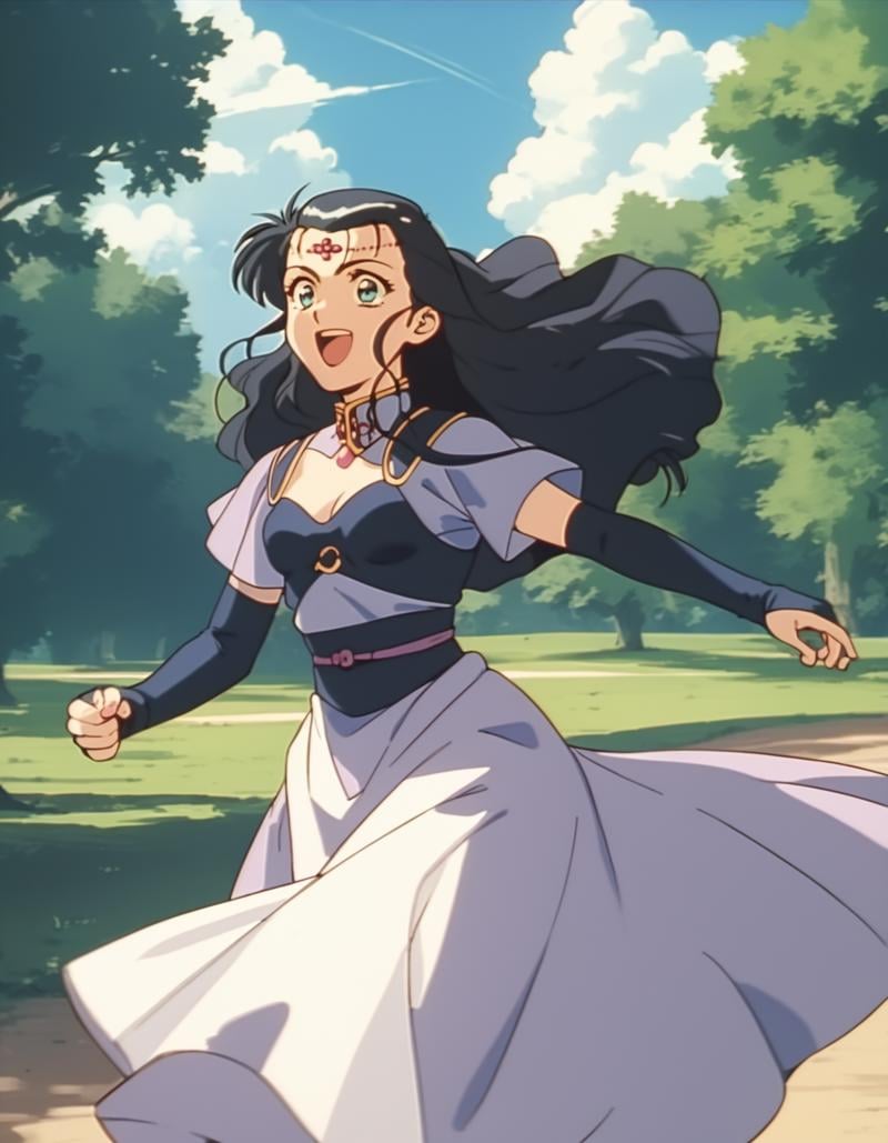 score_9,  score_8_up, score_7_up, source_anime, <lora:lydia-ponyxl:1> lydia, circlet, dress, cleavage, bridal gauntlets, small breasts,1girl, upper body, running, happy, tree, clouds