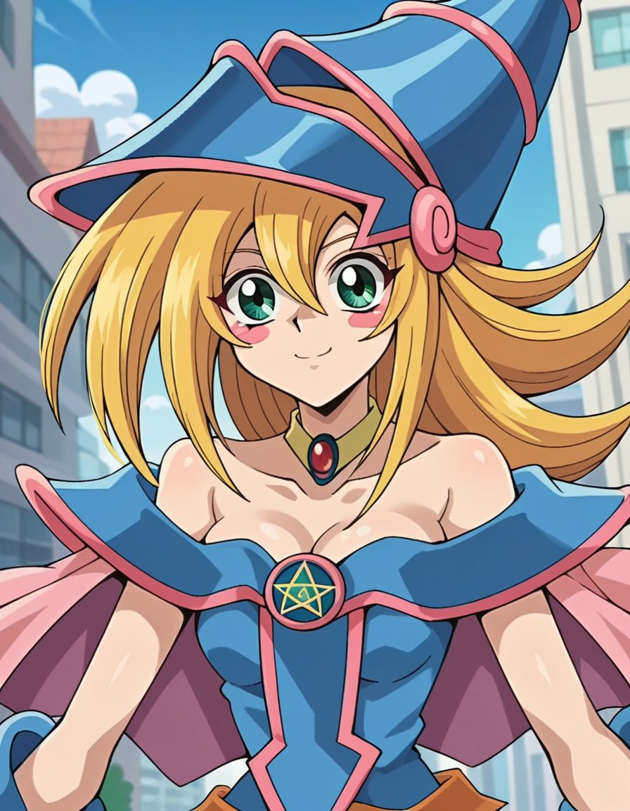 score_9, score_8_up, score_7_up, source_anime,darkmagiciangirl, <lora:dark-magician-girl-anime-ponyxl-lora-nochekaiser:1>dark magician girl, blonde hair, choker, green eyes, long hair, blush, blush stickers,bare shoulders, blue footwear, blush, blush stickers, cleavage, collarbone, duel monster, hat, off shoulder, pentacle, wizard hat,outdoors, cityscape, smile,looking at viewer, dutch angle, cowboy shot,