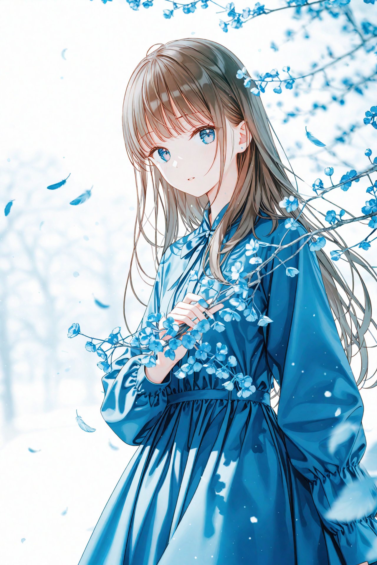 masterpiece,best quality,illustration,ultra detailed,hdr,Depth of field,(colorful),[iumu],[Artist chen bin],Artist hiten (hitenkei),feathers,solo,1girl,long hair,dress,looking at viewer,long sleeves,blurry foreground,brown hair,parted lips,white background,blue eyes,blurry,depth of field,blue dress,flower,blue theme,branch,