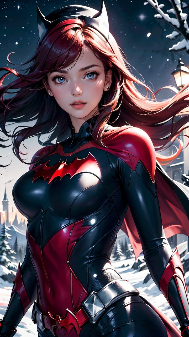 (best quality, masterpiece, colorful, dynamic angle, highest detailed)(Batwoman), upper body photo, fashion photography of cute girl (Batwoman), dressing high detailed Batwoman suit, Santa Clauss hat, (high resolution textures), in dynamic pose, bokeh, (intricate details, hyperdetailed:1.15), detailed, moonlight passing through hair, perfect snowing night, (fantasy background), (official art, extreme detailed, highest detailed), HDR+