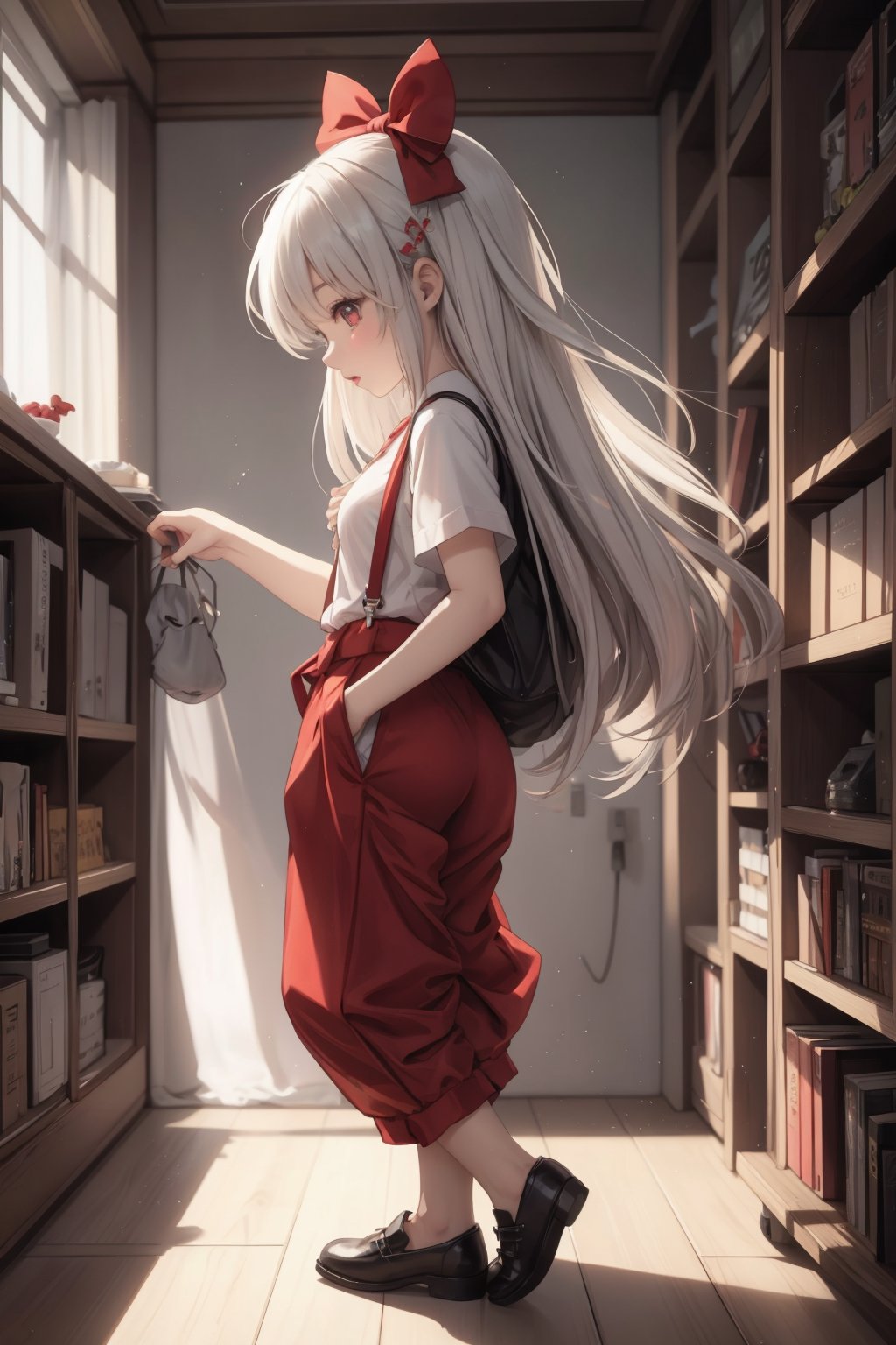 1girl,a4ina,arm_strap,bow,closed_mouth,commentary_request,expressionless,fujiwara_no_mokou,full_body,hair_bow,highres,long_hair,looking_at_viewer,ofuda,ofuda_on_clothes,pants,profile,puffy_pants,red_background,red_bow,red_eyes,red_footwear,red_pants,roman_numeral,shirt,shoes,sideways_glance,solo,suspenders,touhou,translation_request,two-tone_bow,very_long_hair,white_bow,white_hair,white_shirt,autoappealing,autoappealingdb,best quality,masterpiece,