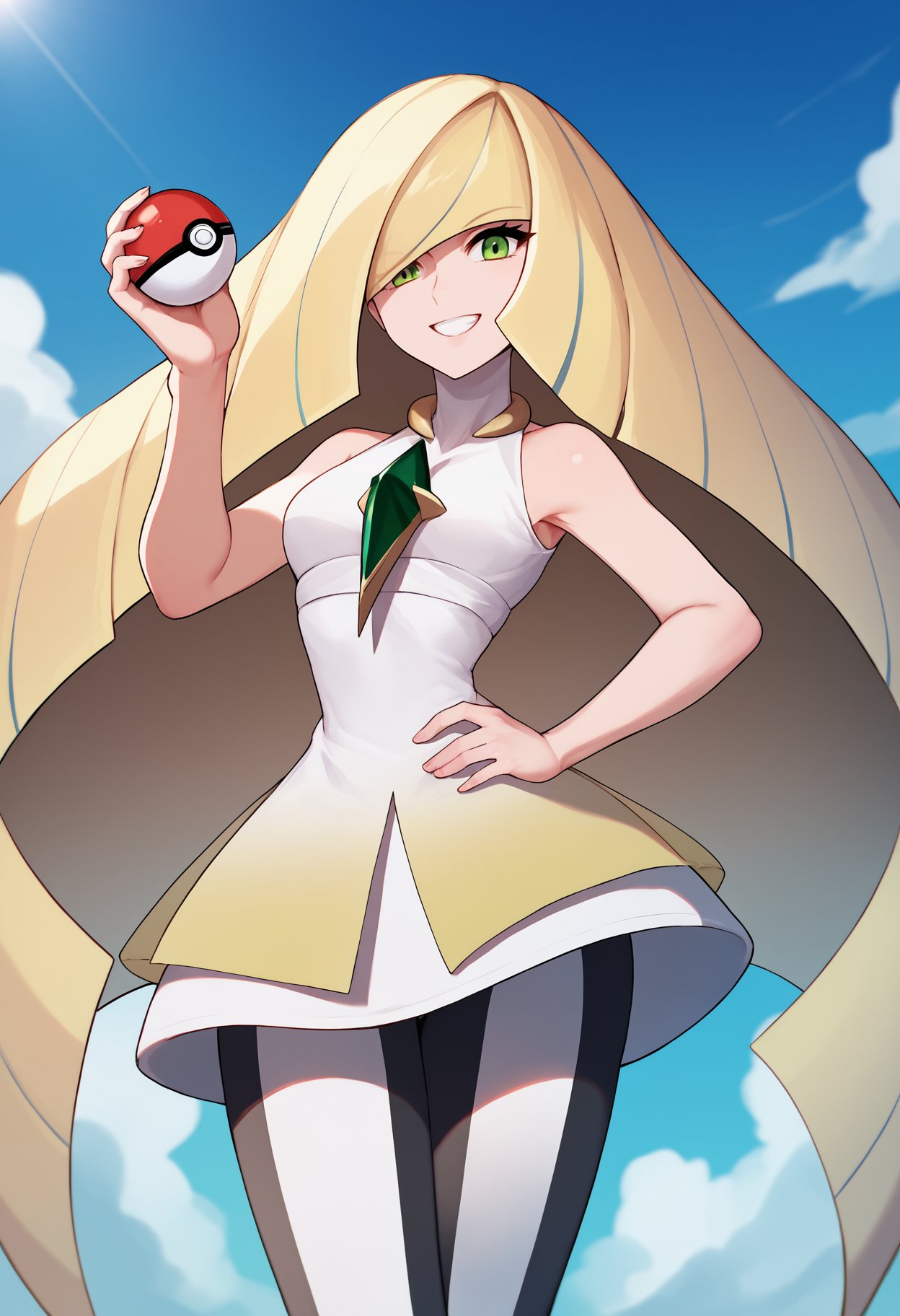 score_9, score_8_up, score_7_up, source_anime BREAK 1girl, solo, <lora:lusamine-pokemon-richy-v1_pdxl:1> lsmndef, green eyes, blonde hair, very long hair, bangs, hair over one eye, chest jewel, white dress, sleeveless, leggings, poke ball, holding poke ball, blue sky, looking at viewer, grin, smile, thighs, narrow waist, hand on hip, maternal, hand up