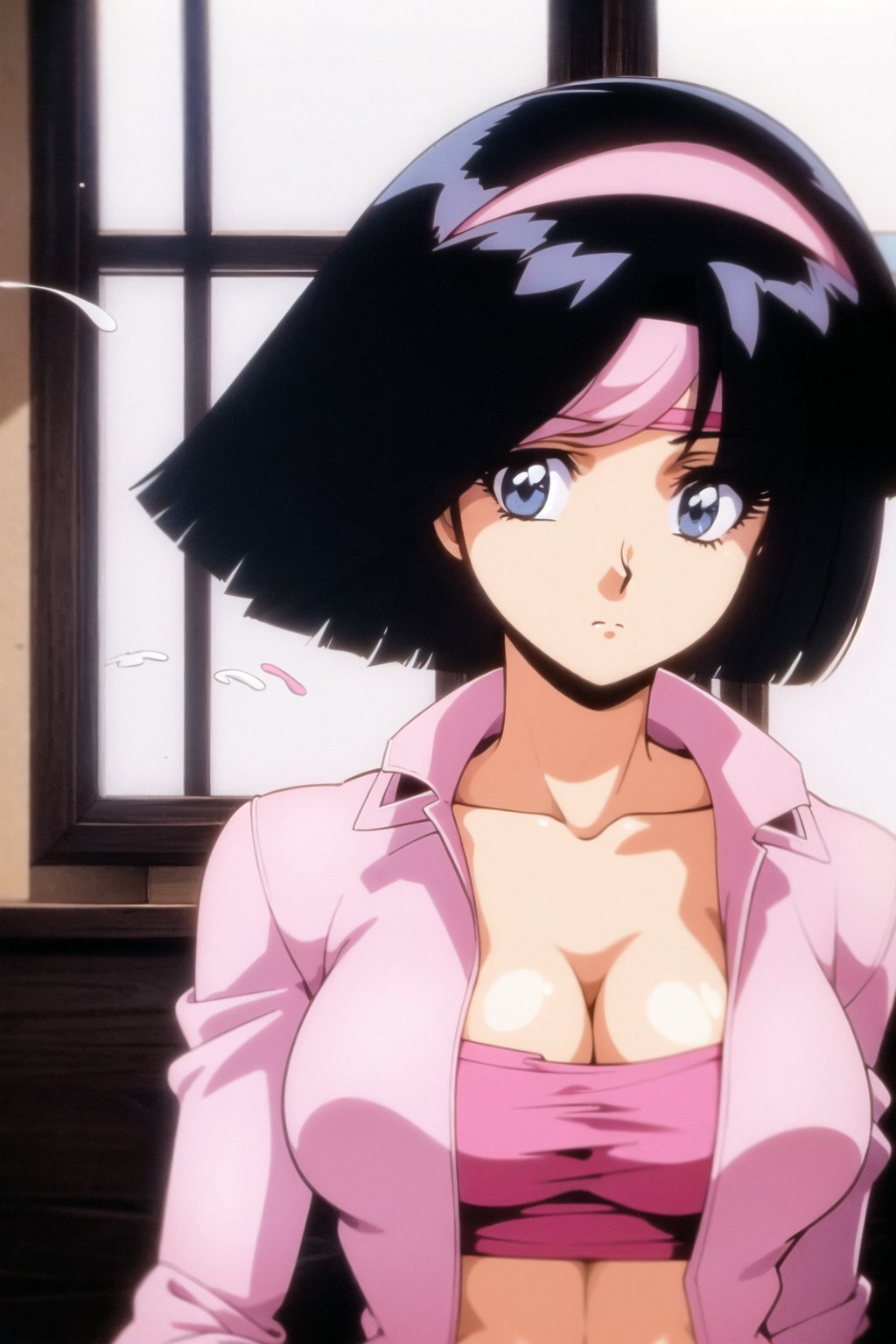 1girl, linna yamazaki, bubblegum crisis, 1girl, solo, breasts, looking at viewer, short hair, blue eyes, shirt, black hair, cleavage, medium breasts, closed mouth, collarbone, jacket, upper body, hairband, open clothes, indoors, window, headband, pink shirt, retro artstyle, pink jacket