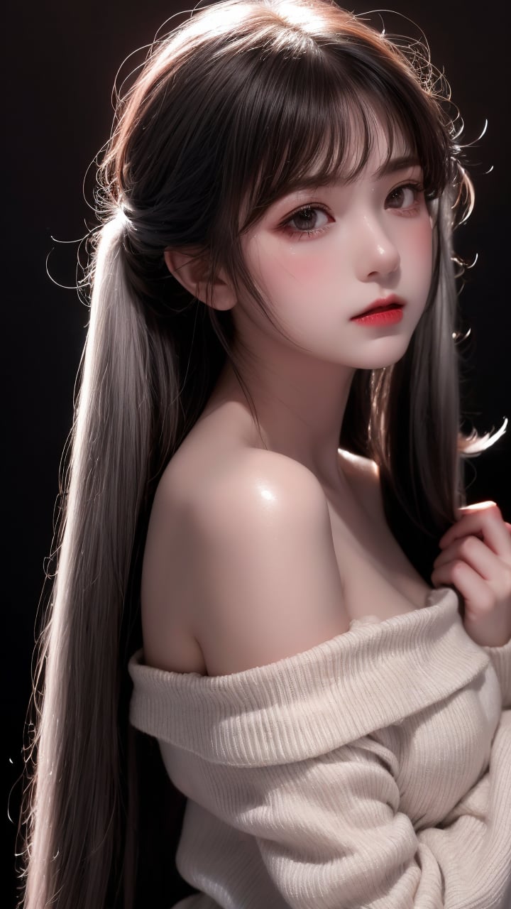 1girl,solo,twintails,looking at viewer,off shoulder,realistic,parted lips,bare shoulders,long hair,upper body,black background,breasts,simple background,collarbone,white hair,off-shoulder shirt,lips,red lips,bangs,grey eyes,shirt,nose,eyelashes,makeup,off-shoulder dress,