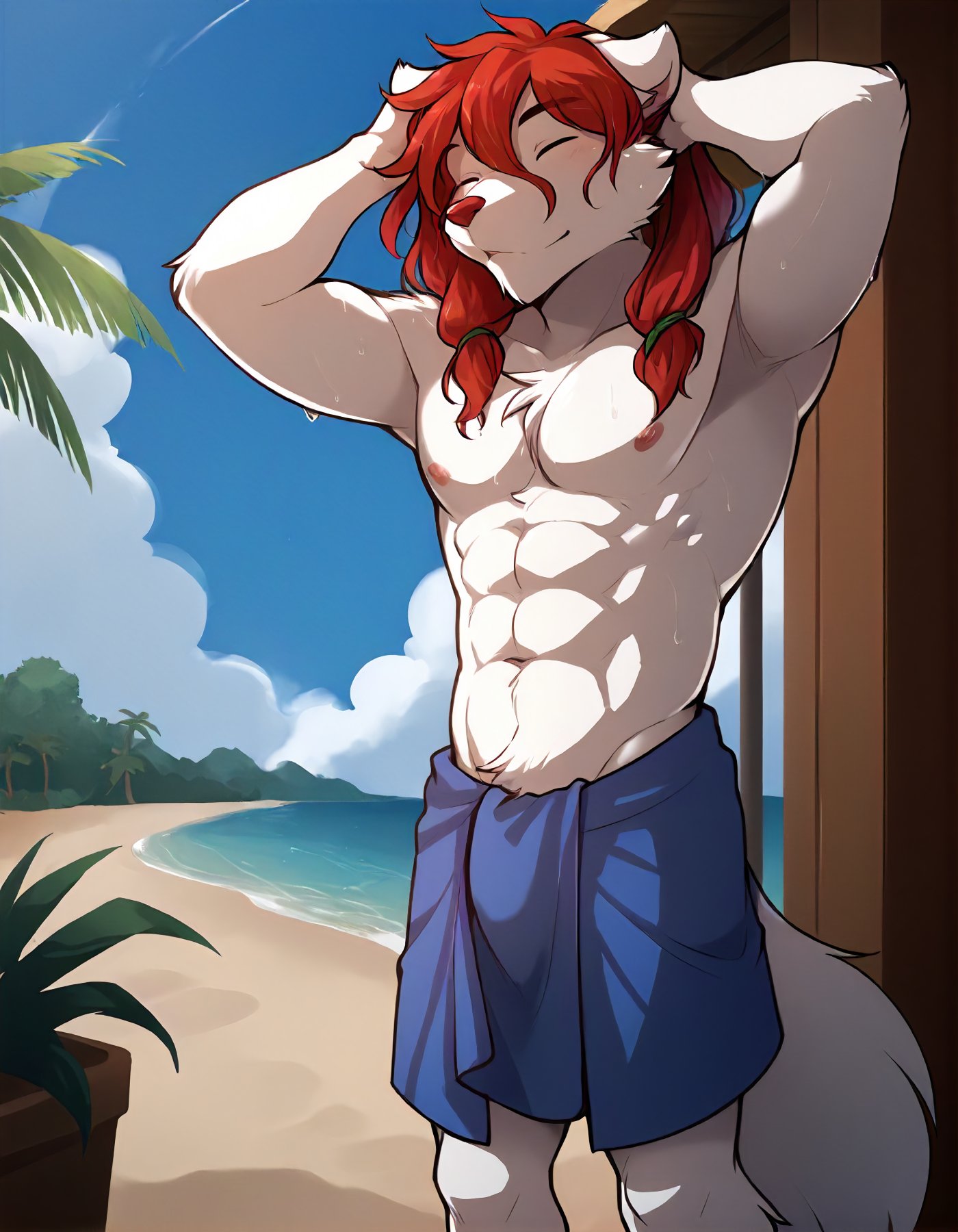 score_9, score_8_up, score_7_up, score_6_up,source_furry,rating_explicit, (solo:1.2), 1boy male muscular, wet fur, wet hair, walking out of the shower, towel around waist, (hands in hair:1.3), eyes closed, fluffy tail, beach hut, tropical, palm tree,, tkrose, <lora:Rose_TwoKinds_PDXL_epoch_5:1>, mammal, white fur, red hair, green eyes