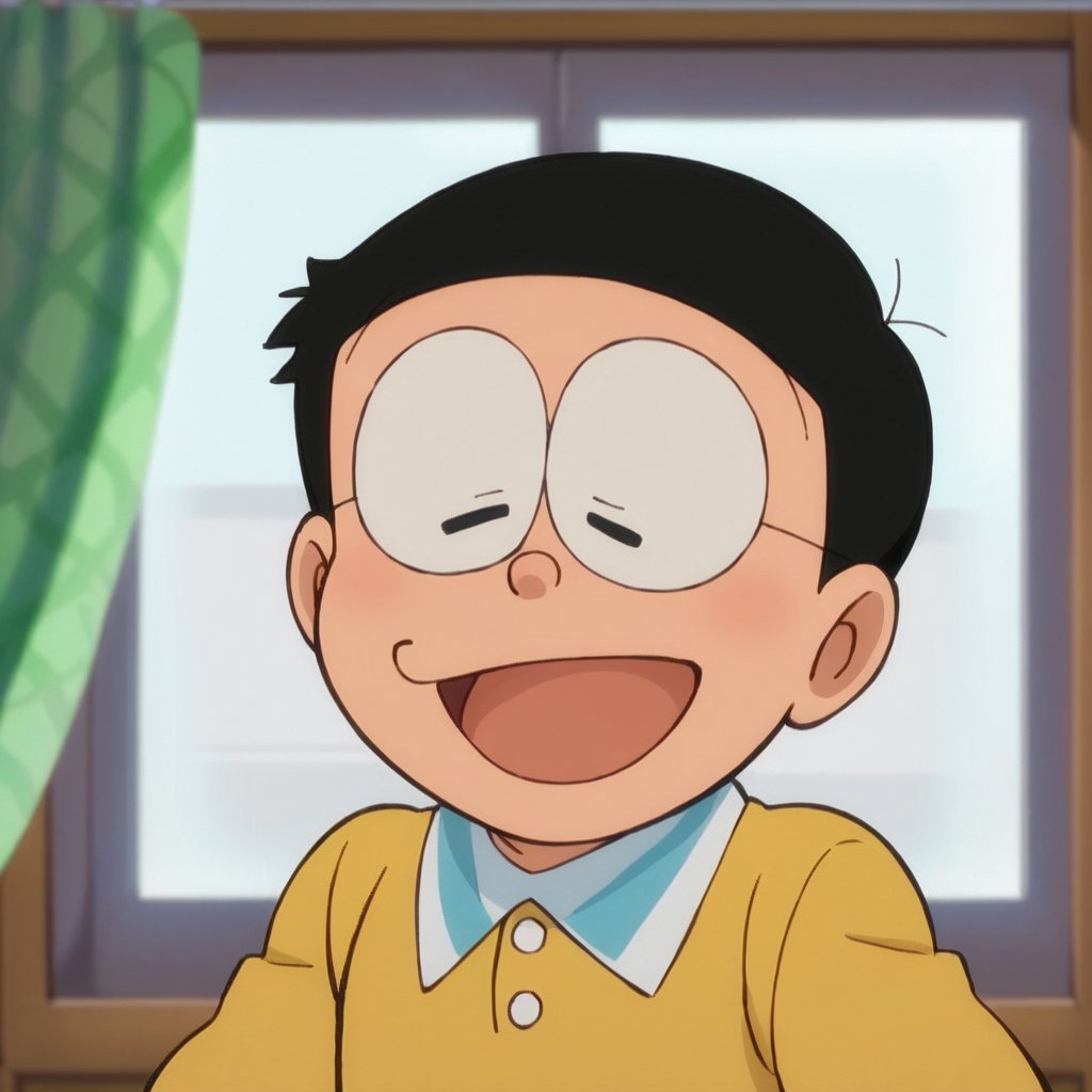 score_9, score_8_up, score_7_up, score_6_up, score_5_up, score_4_up, source_anime, nobi nobita, 1boy,1boy, male focus, solo, smile, open mouth, black hair, closed eyes, blush, window, parody, child, :d, ^_^, portrait, masterpiece, best quality,<lora:minamoto shizuka and nobita autism:1> 