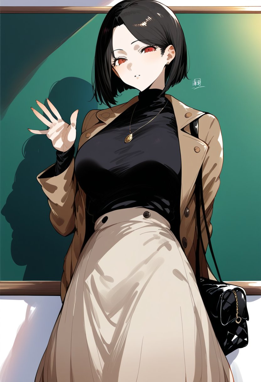 tss, score_9, score_8_up, score_7_up, score_6_up, source_anime, <lora:STS 0.4v:1>,1girl, breasts, skirt, solo, black hair, bag, short hair, necklace, jewelry, sweater, jacket, turtleneck, arm behind back, large breasts, chalkboard, black sweater, turtleneck sweater, waving, looking at viewer, handbag, brown eyes, open clothes, open jacket, long sleeves, red eyes, bangs, brown jacket, long skirt, high-waist skirt, brown skirt, shoulder bag, shirt, black shirt, shirt tucked in, parted lips, yellow skirt, hand up, standing, parted bangs, expressionless, 