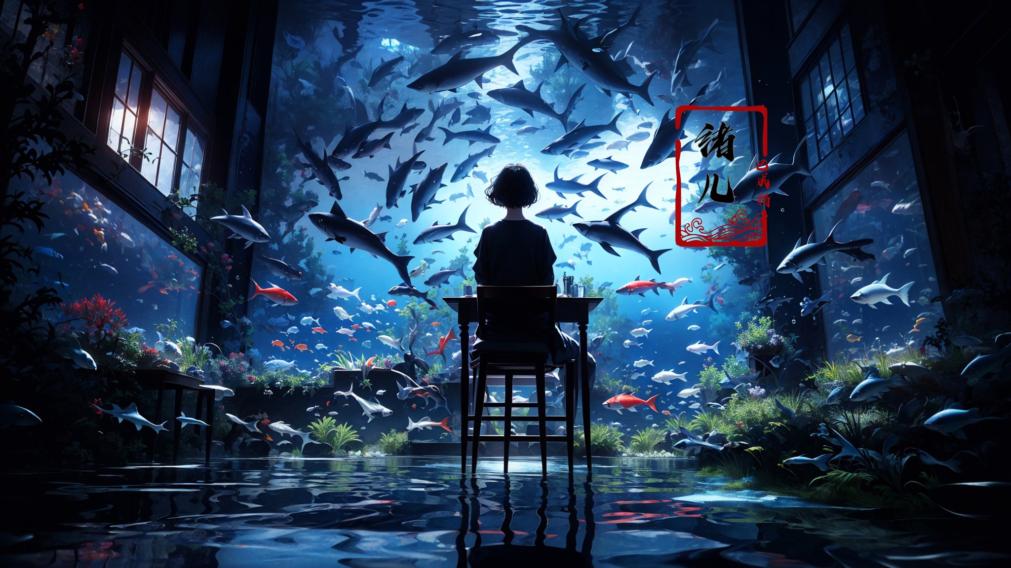 blue theme, fish, aquarium, chair, sitting, short hair, solo, border, 1girl, scenery, dark, from behind, black border, table, black hair, indoors, water，<lora:绪儿-海底世界 Underwater world:0.8>