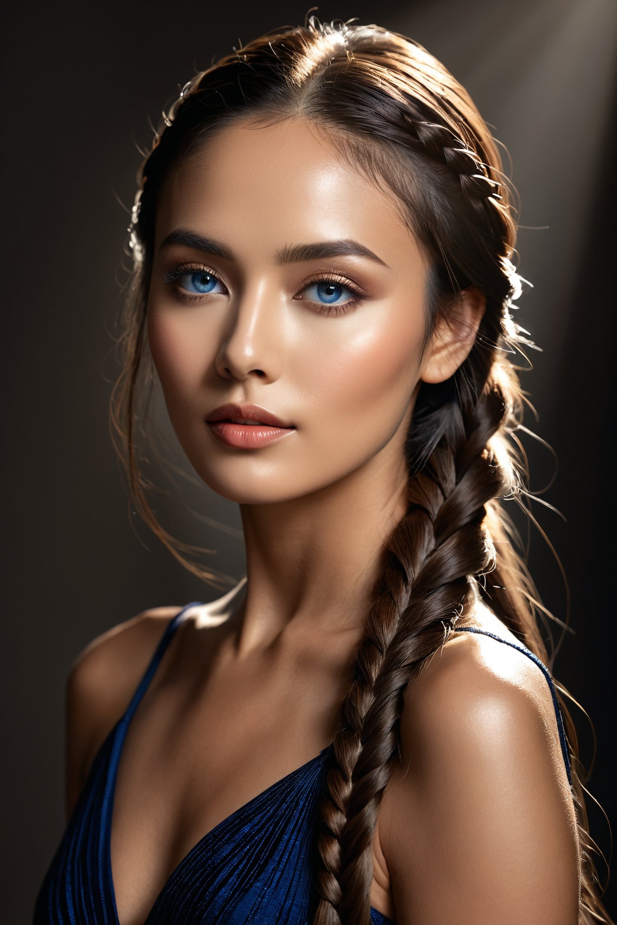 (masterpiece, best quality, highres:1.2), (photorealistic:1.2), (intricate and beautiful:1.2), (detailed light:1.2), (soft lighting, side lighting, reflected light), (colorful, dynamic angle), full body shot, fashion photography, Ageless, Buoyant, Southeast Asian, Deep blue eyes, Narrow Nose, Tapered Chin, Sunken Cheeks, Unique Forehead, Unusual face shape, Cheekbones, Dark Brown Waterfall braid hair, Hope, dynamic pose, light passing through hair, ((official art:1.2)), (perfect skin), (sharp), realistic, photorealistic,(masterpiece:1.2), (best quality:1.2), ultra-detailed, best shadow, detailed background, high contrast, (best illumination, an extremely delicate and beautiful), ((cinematic light)), 8k, very aesthetic,