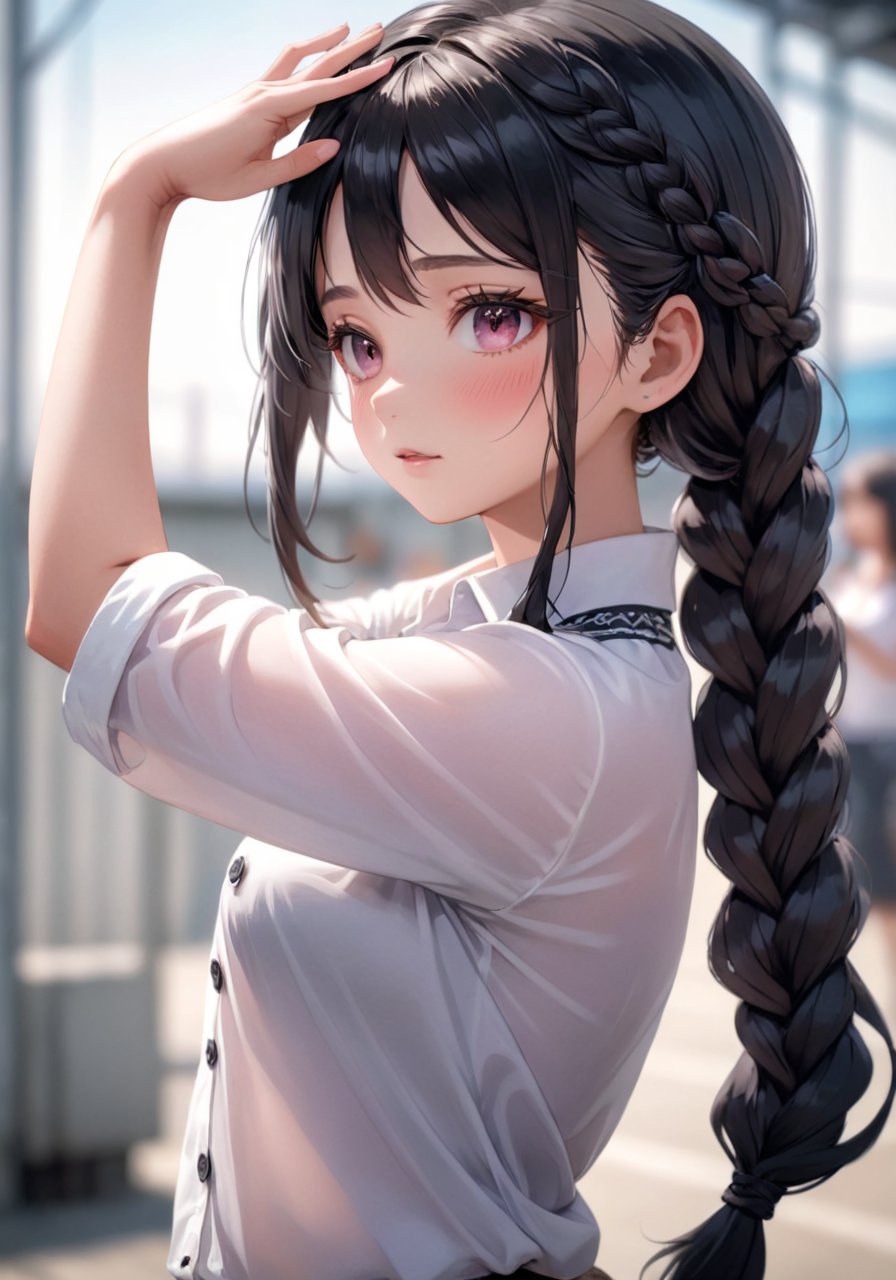 highres,best quality, girl, , 1girl, black eyes, black hair, blurry, blurry background, blush, braid, buttons, depth of field, hair between eyes, hands up, long hair, looking at viewer, parted lips, profile, shirt, solo, upper body, white shirt