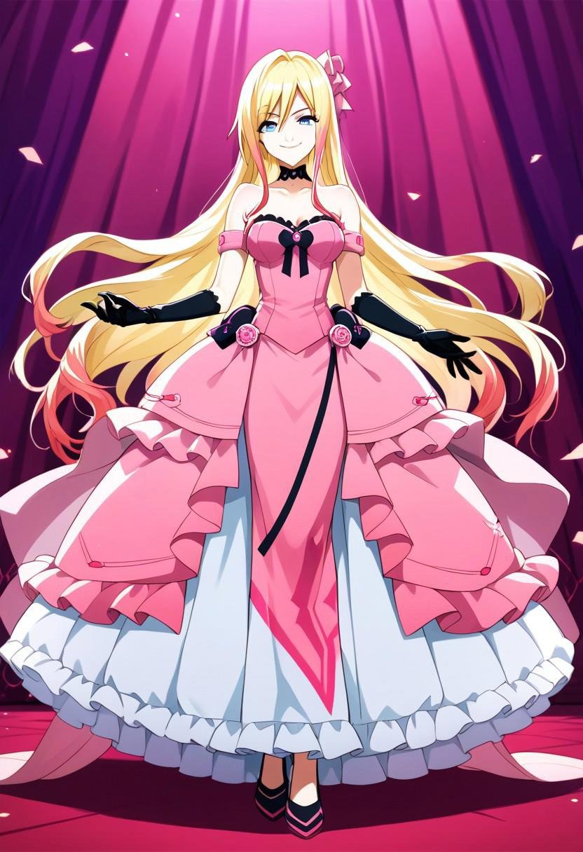 score_9,score_8_up,score_7_up,source_anime, SUBARU_MITEJIMA,1girl,solo,looking at viewer,smile,blue eyes,gloves,dress,bare shoulders,full body,black gloves,strapless,pink dress,strapless dress,