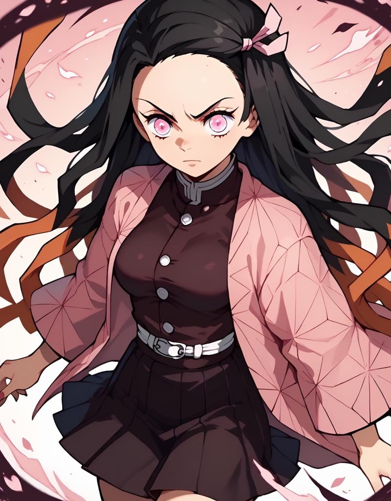 <lora:NezukoKamadopony-10:1>NezukoCaz, kamado nezuko, very long hair, black hair, hair ribbon, pink eyes, medium breasts, japanese clothes, pink haori, demon slayer uniform, black skirt, pleated skirt,, score_9, score_8_up, score_7_up, score_6_up, score_5_up, score_4_up,