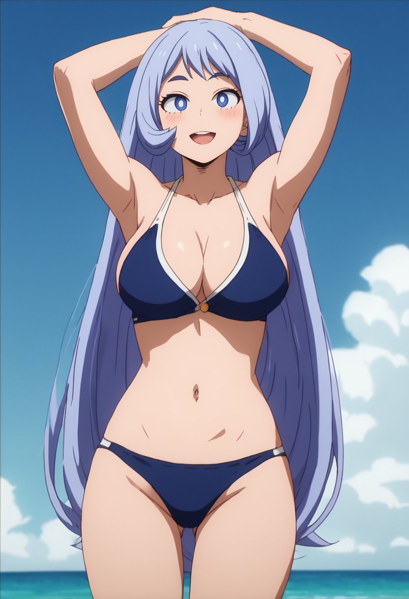 score_9, score_8_up, score_7_up,source_anime,anime coloring,perfect anatomy,cinematic_shadow,anime screencap,<lora:animestyle:1>finetuneanimeBREAK <lora:nejire:1>nejire, 1girl, breasts,smile,  swimsuit, blue eyes, long hair, blue hair, solo, navel, sky, open mouth, looking at viewer, day, blue sky, cloud, very long hair, collarbone, blush, large breasts, outdoors,  cowboy shot, bangs, bare shoulders,arms up, 