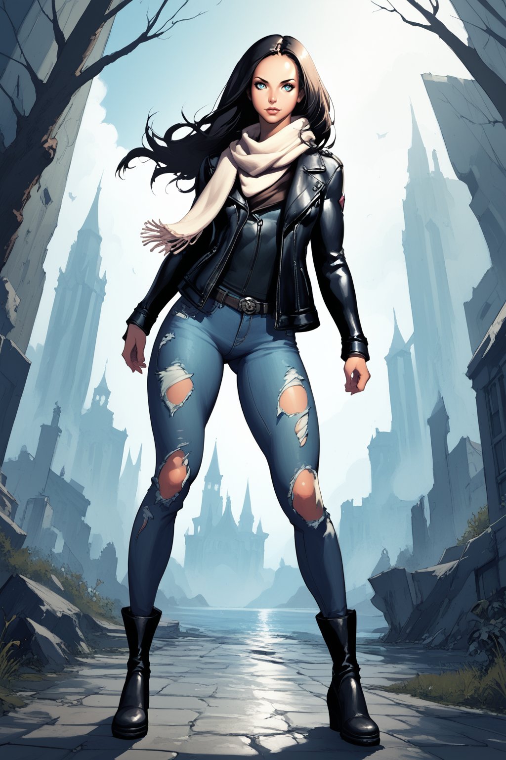 score_9, score_8_up, score_7_up, masterpiece, high quality, BREAK <lora:Jessica JonesPonyLoRA:0.9>JssjoJwl, long hair, scarf, leather jacket, shirt, jeans, shoes, torn clothes <lora:Blade&SoulPonyLyco:1> bns