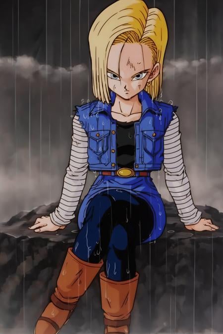 source_anime, score_9, score_8_up, score_7_up, anime screencap,detailed face, retro artstyle, 1990s \(style\), android 18, classic look, 1girl, solo, looking at viewer, short hair, blue eyes, blonde hair, collarbone, sitting on rubble, crossed legs, fire, smoke, ruined city, wet hair, rain, black shirt, denim jacket, vest, striped sleeves, belt, denim skirt, black pantyhose, brown boots, <lora:c18_pony_v1:0.8>