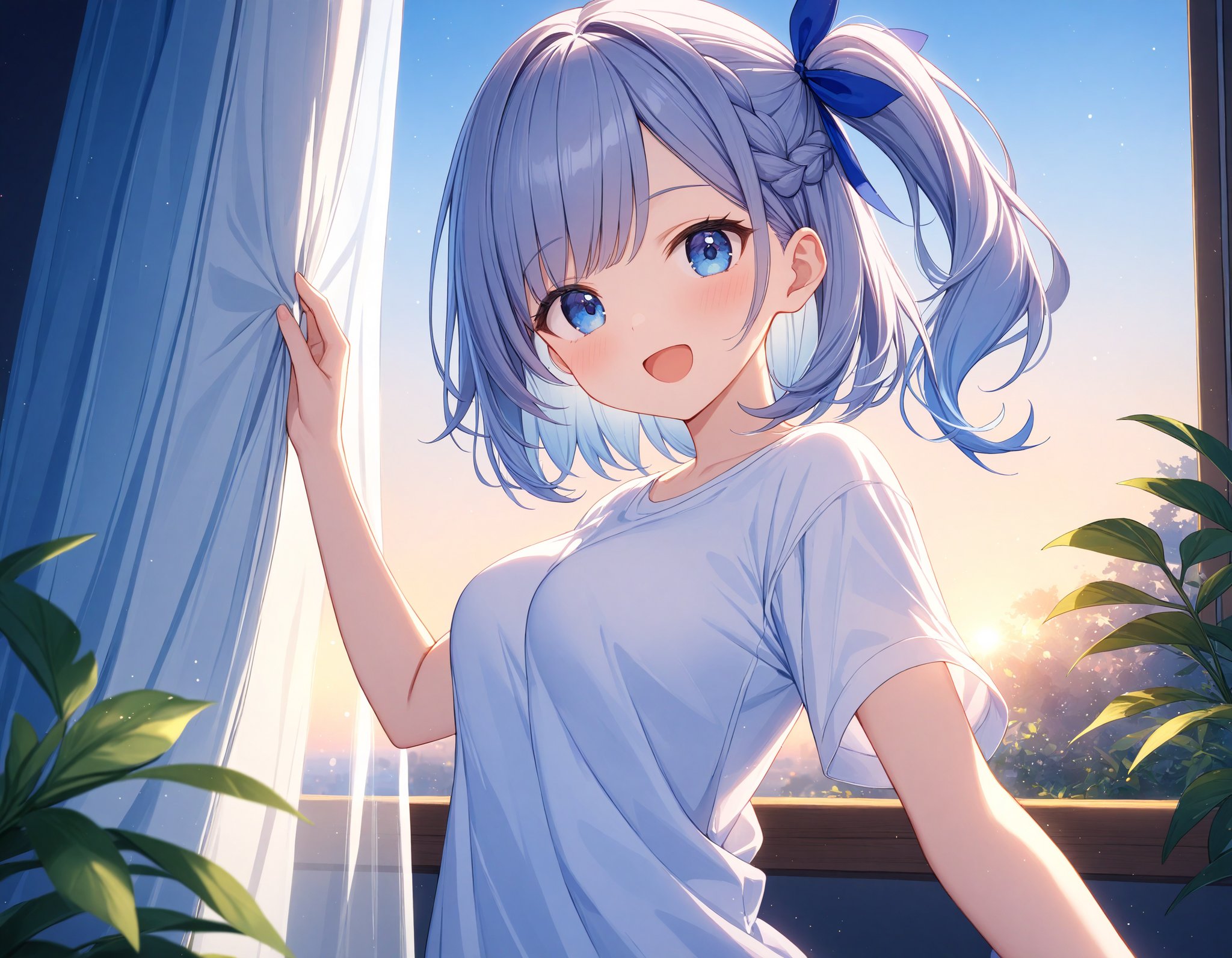 Depth of field. Upper body shot. (Shooting from front/below:0.8). A cute girl. Solo. :D. Open mouth. Dynamic pose. Looking at viewer. (Round face:1.1). Detailed dark-blue eyes. Tareme. Detailed body. Medium breasts. Medium hair. (Side ponytail:1.1). Hair ribbon. (Gray hair). (Gray inner hair). Side french braid. Aoge. Asymmetrical bangs. White plain t-shirt. Oversize t-shirt. Bedroom. Sunrise view from window. White sheer curtains. Decorative plants. Summer. (Morning:1.2). (Blue hour light:1.4). Cute style. Intricate details. Extremely detailed. Outstanding intricacies. (Masterpiece:1.2). (Best quality:1.2). (Absurdres absolutely resolution:1.4).