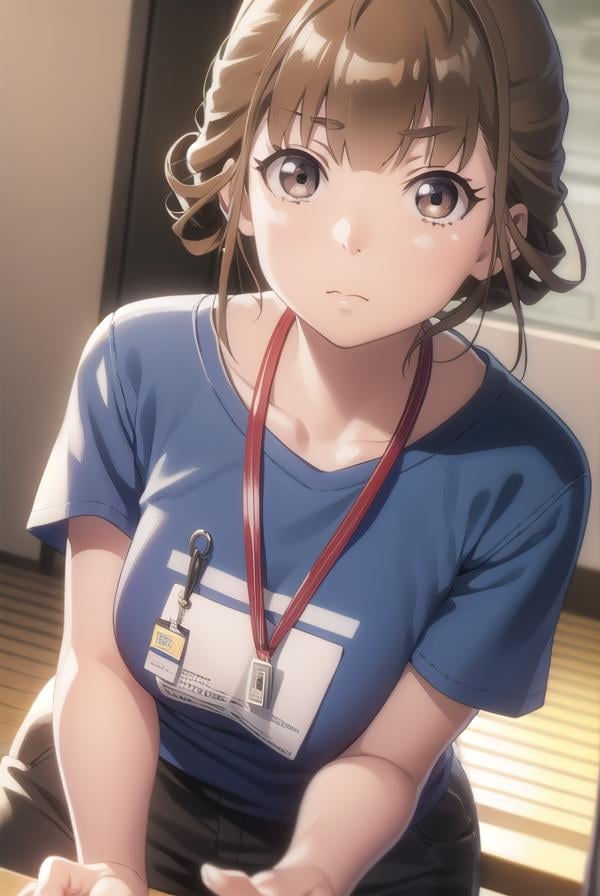 hinatamiyake, <lora:hinata miyake s1-lora-nochekaiser:1>,hinata miyake, short hair, brown hair, (brown eyes:1.5),BREAK shirt, short sleeves, uniform, blue shirt, name tag, id card, employee uniform,BREAK indoors,BREAK looking at viewer,BREAK <lyco:GoodHands-beta2:1>, (masterpiece:1.2), best quality, high resolution, unity 8k wallpaper, (illustration:0.8), (beautiful detailed eyes:1.6), extremely detailed face, perfect lighting, extremely detailed CG, (perfect hands, perfect anatomy),