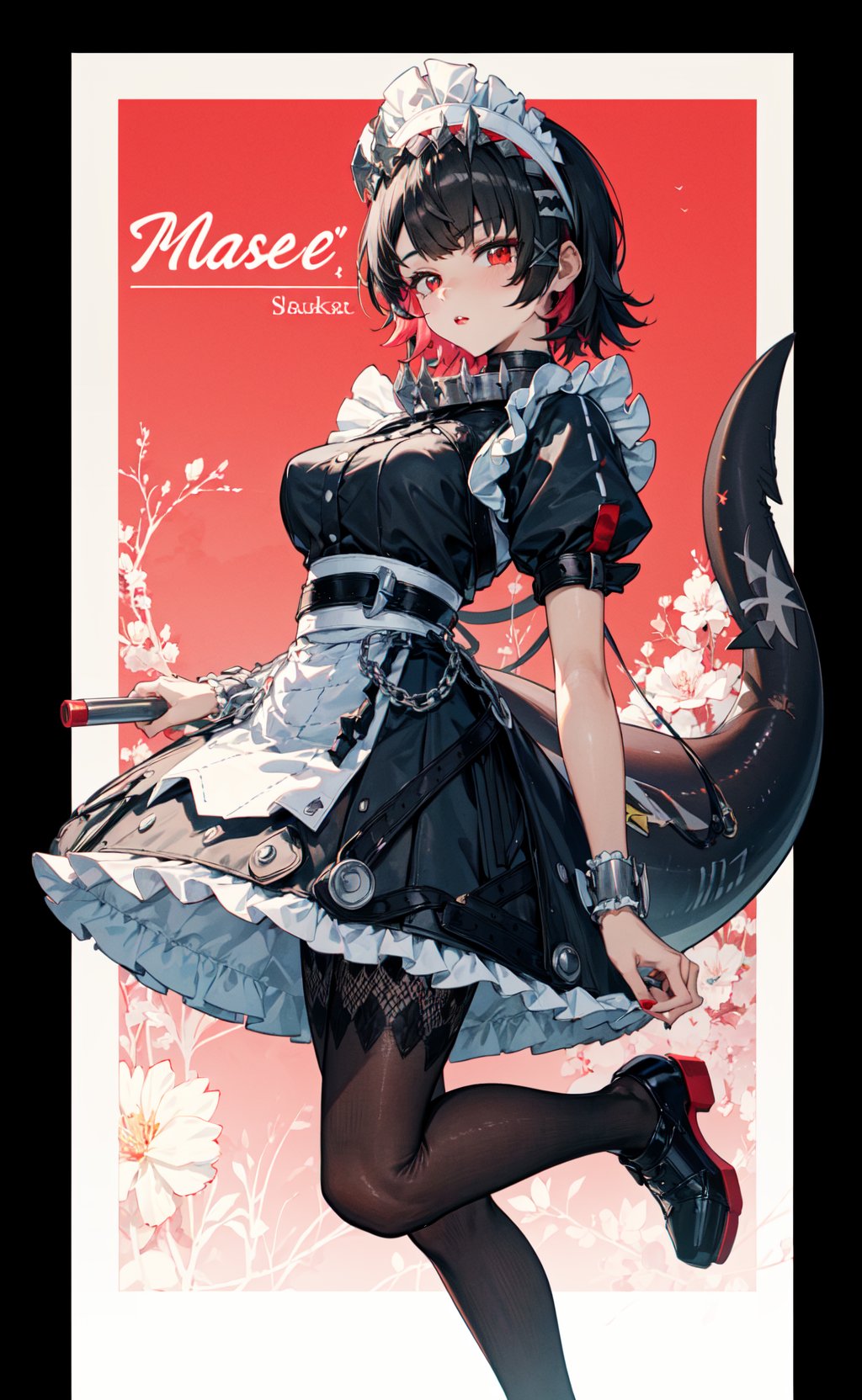 <lora:Ellen-000010>,Ellen CYQL,1girl,looking at viewer,solo,shark girl,short hair,black hair,red hair,multicolored hair,colored inner hair,maid headdress,red eyes,maid,wrist cuffs,short sleeves,puffy sleeves,red nails,apron,maid apron,dress,black dress,frills,tail,shark tail,fins,pantyhose,black pantyhose,black footwear,(evil smile:1.2),beautiful face,beautiful eyes,glossy skin,shiny skin,(portrait,front view,jumping:1.2),arm support,Dim sum, Tea house, Noontime, Bamboo steamers, Culinary delight,beautiful detailed sky,beautiful detailed glow,(English text:1.3),(border:1.5),posing in front of a colorful and dynamic background,(masterpiece, best quality, beautiful and aesthetic:1.3),contrapposto,female focus,fine fabric emphasis,wallpaper,fashion,Lipstick,depth of field,intricate_detail,finely_detailed,fine_fabric_emphasis,(glossy),<lora:增强减少细节add_detail:0.4>,