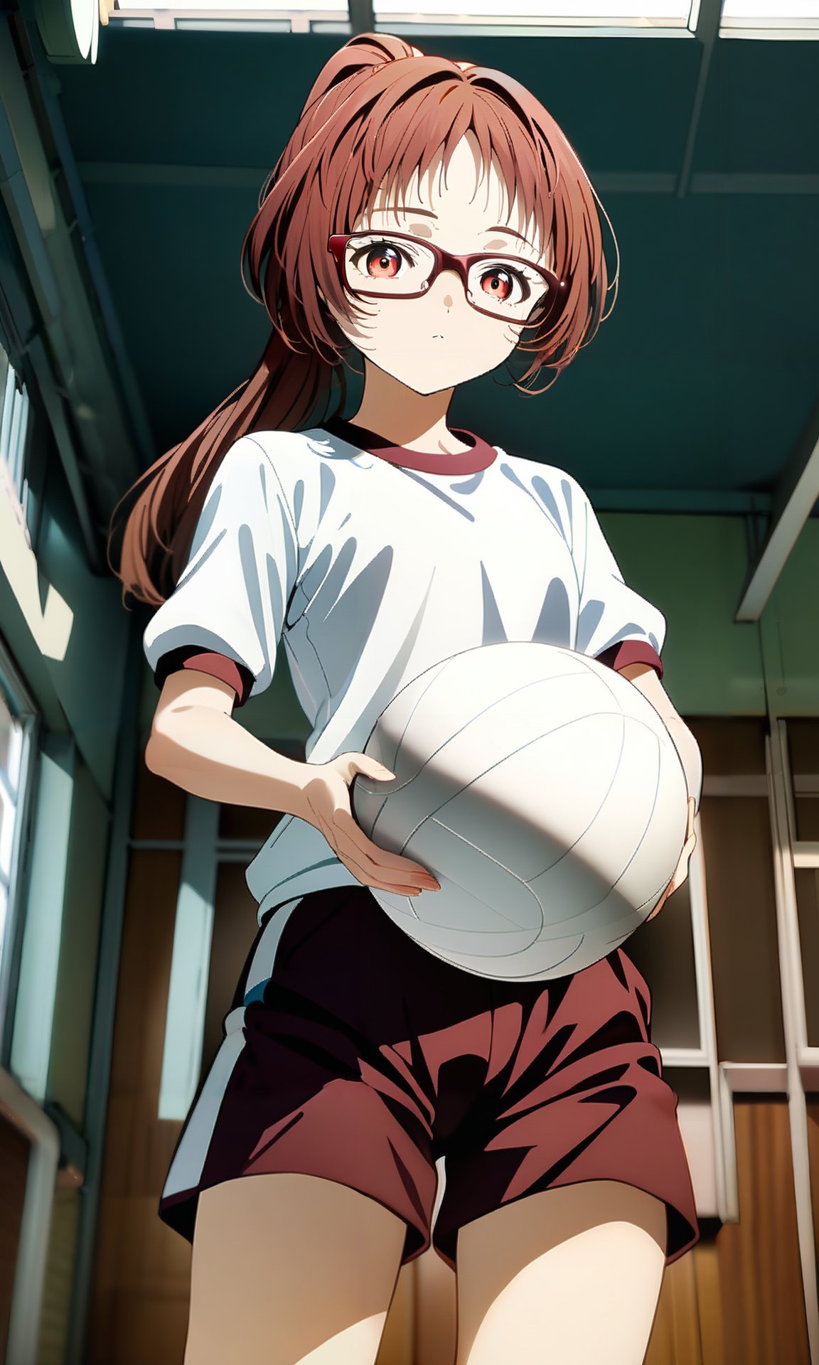 (masterpiece), (best quality), highres, general, (intricate details, very aesthetic), good hands, 1girl, <lora:ai_mie_AnimagineV1:1>, miewz, red eyes, glasses, gym shorts, white shirt, gym shirt, school gym uniform, school, gym, indoors,  ponytail, looking at viewer, holding ball, cowboy shot, from below, wooden floor, <lora:sd_xl_dpo_lora_v1:1>