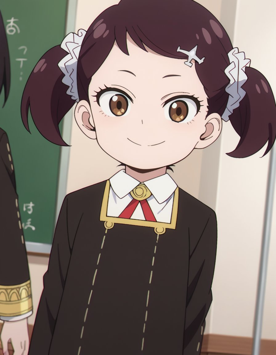 score_9, score_8_up, score_7_up, source_anime,beckyblackbell, <lora:becky-blackbell-s1-ponyxl-lora-nochekaiser:1>becky blackbell, black hair, hair ornament, twintails, hairclip, scrunchie, hair scrunchie, brown eyes,long sleeves, dress, school uniform, socks, black dress, eden academy school uniform,indoors, classroom, smile,looking at viewer, dutch angle, cowboy shot