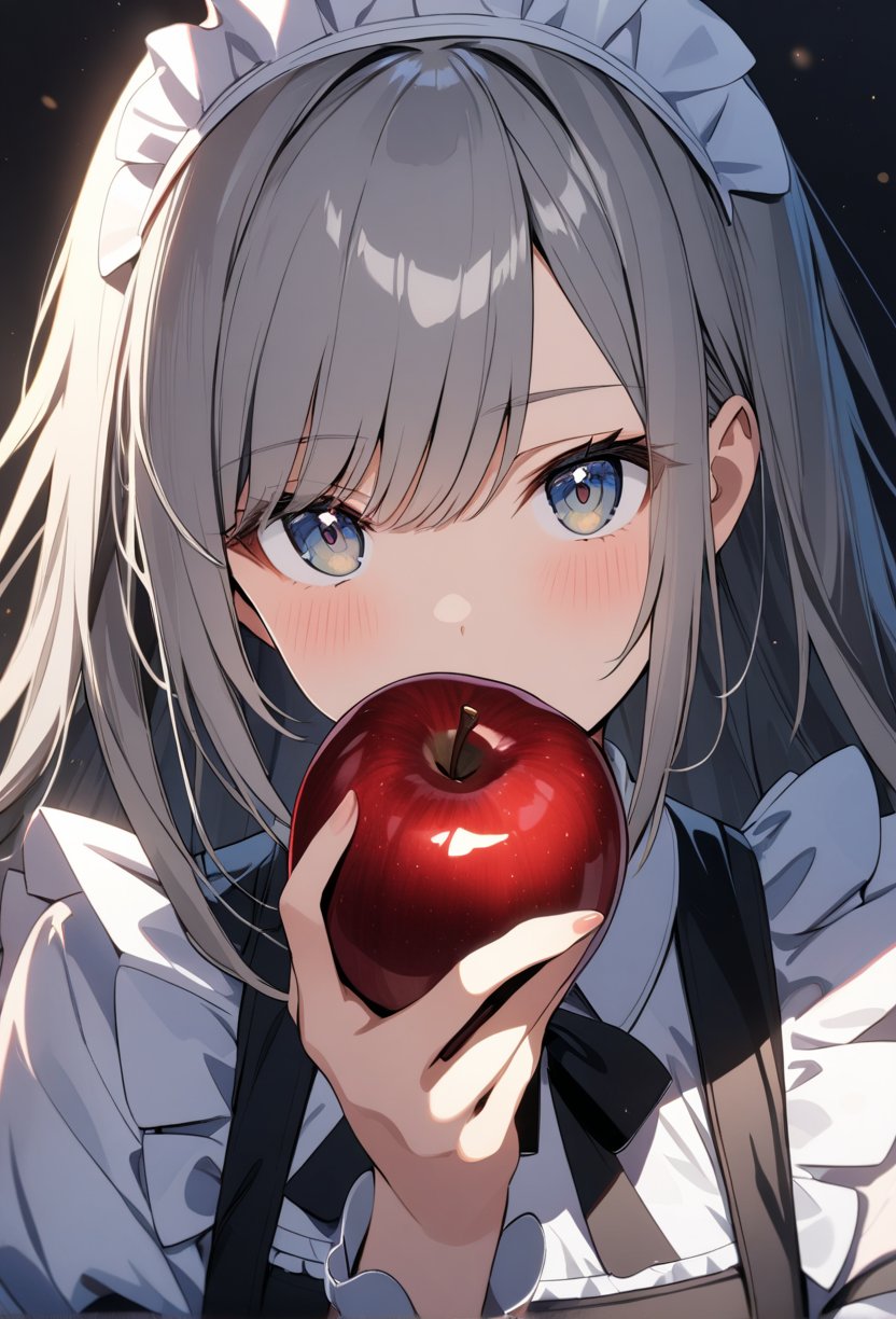 1girl, solo, Grey hair, long hair, maid's outfit, close-up of face, looking at viewer, holding apple in hand, highly detailed, best quality, absurdres, lighting, detailed, HDR, natural light