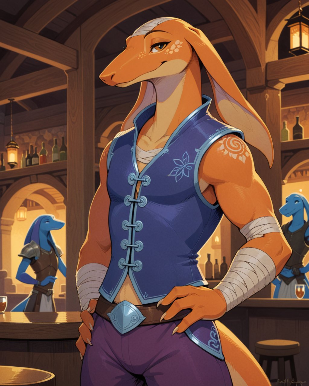 athletic male bangaa, orange body, long snout, sharp snout, floopy ears, 4 fingers, exotic clothing, vest, pants, bandage, armor, waving at viewer, hand on hips, half-length portrait, (slightly chubby:0.65), BREAK, by Dorothy Lathrop, by Keith Negley, final fantasy, detailed background, detailed foreground, depth of field, ambient silhouette, backlighting, fantasy, inn, bar