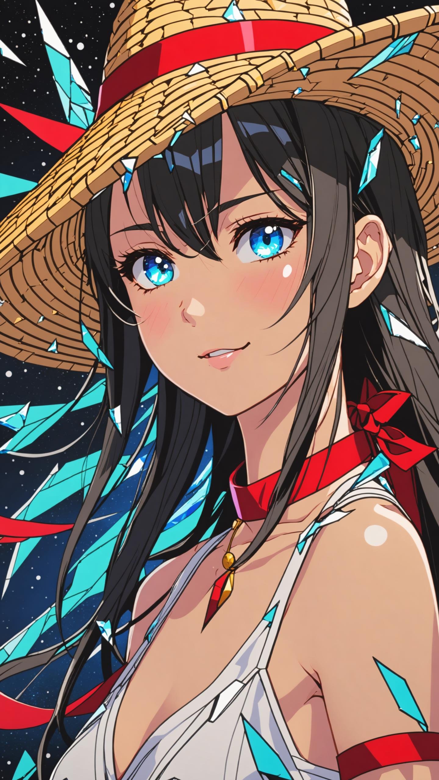 1girl, teen, (white camisole dress, straw hat, red sash belt:1.5), (cute face, sweet, smile, bare face, big eyes, open mouth:1.4), face closeup, black glitched hair, straight hair, long hair, cowboy shot, (dynamic pause, dynamic angle, walk on sandy beach, blue sky, white cloud, blue sea:1.3), japanese, japanese idol succubus, black eyes, (best quality, ultra high res, Realistic, RAW photo, portrait photography, photorealistic, detailed skin, fair skin, beautiful detailed eyes), neon lit broken glass in shape of woman, galactic canvas shattered hopes and dreams, crystalline breakage, cracks in the fabric of space, crystalline eyes, strokes of art, sharp edges and lines, artistic, neon colors, colorful, sharp, inter-dimensional cracks, limitless faults in the data, curved cracks, fragmented, breaking off, pieces of nature, fragments of destruction, fragments of dreams, story told in art, ultra detailed, intricate, masterpiece, best quality, detailed, highest quality, highest details, highres, vortex dream, cosmic color splash artwork, (opal chatoyance cloud background:1.2), trendy, wins awards, ultra HD, Panavision Millennium DXL2 8k, large format, 5K Super 35, true 4K anamorphic, realistic photo