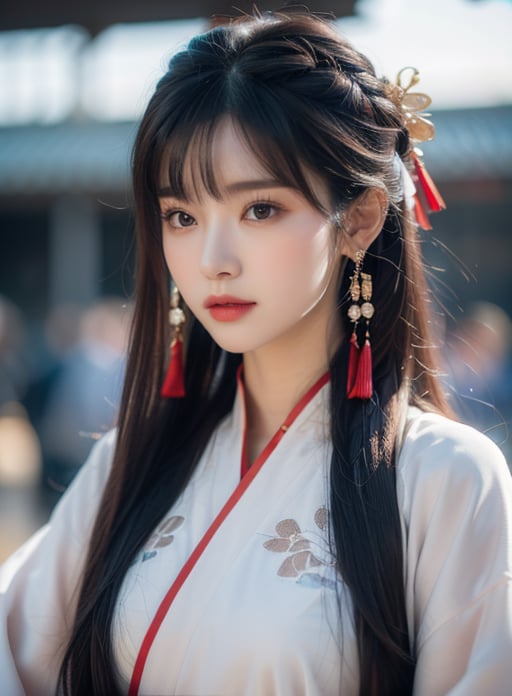 High quality,masterpiece,rich details,realistic photography,8k,high-definition image quality,Fantastic colors,a girl,solo,upper body,body,front,long hair,Delicate facial features,hanfu,chinese clothes,silk,Hair accessories,looking at the audience,8k, <lora:胶片风国潮古风美:1>