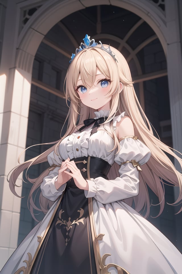 insanely detailed, absurdres, ultra-highres, ultra-detailed, best quality,1girl, solo, nice hands, perfect handsBREAKprincess, wearing princess costume, princess dress with many frills, (tiara:1.3) on hair, (nsfw:-1.5)BREAKhappy smile, laugh, closed mouthBREAKfrom below,standing, cowboy shot, looking at viewerBREAKslender, kawaii, perfect symmetrical face, ultra cute girl, ultra cute face, ultra detailed eyes, ultra detailed hair, ultra cute, ultra beautifulBREAK(fantasy world, in castle), depth of fieldBREAKlarge  breastsBREAKblonde hair, long hair, messy hair, blue eyes, hair between eyes