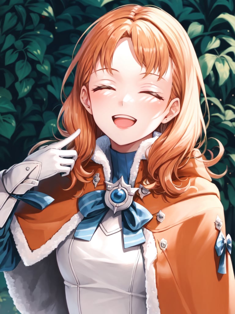 <lora:Annette_FE-10:0.9>, annette_war, 1girl, solo, long hair, smile, open mouth, gloves, long sleeves, bow, closed eyes, upper body, white gloves, fur trim, capelet