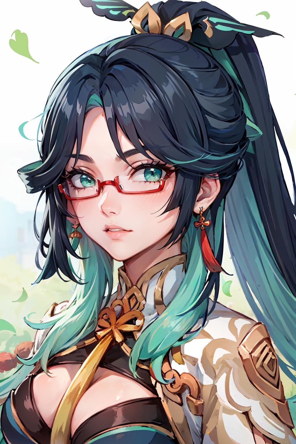 2d, masterpiece, best quality, anime, highly detailed face, perfect lighting, long hair, ponytail, multicolored hair, black hair, bangs, glasses, semi-rimless eyewear, earrings, green hair, hair ornament, jewelry, red-framed eyewear, chinese clothes, gloves, green eyes,  <lora:xianyun_lora_1-08:0.9>, 