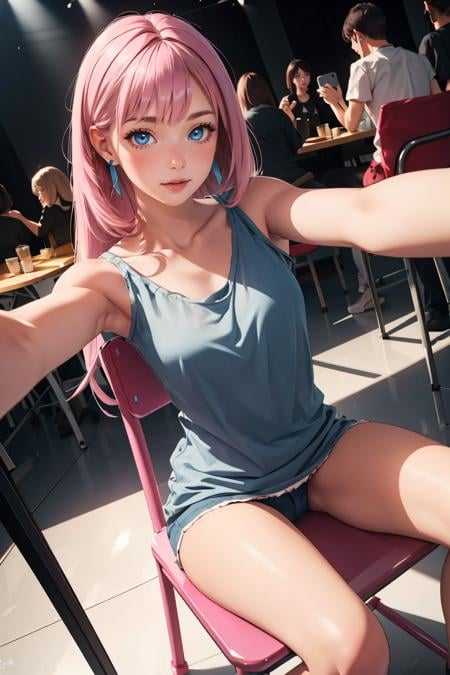 masterpiece, best quality,Ray tracing, hdr, volumetric lighting, sunlight,1girl, pink long hair, straight hair, earrings, flushed, blue eyes, at a party, people,  <lora:Selfie_FefaAIart:0.75>, selfie, <lora:StraddlingChair_SittingChair_FefaAIart:0.6>, (straddling chair),