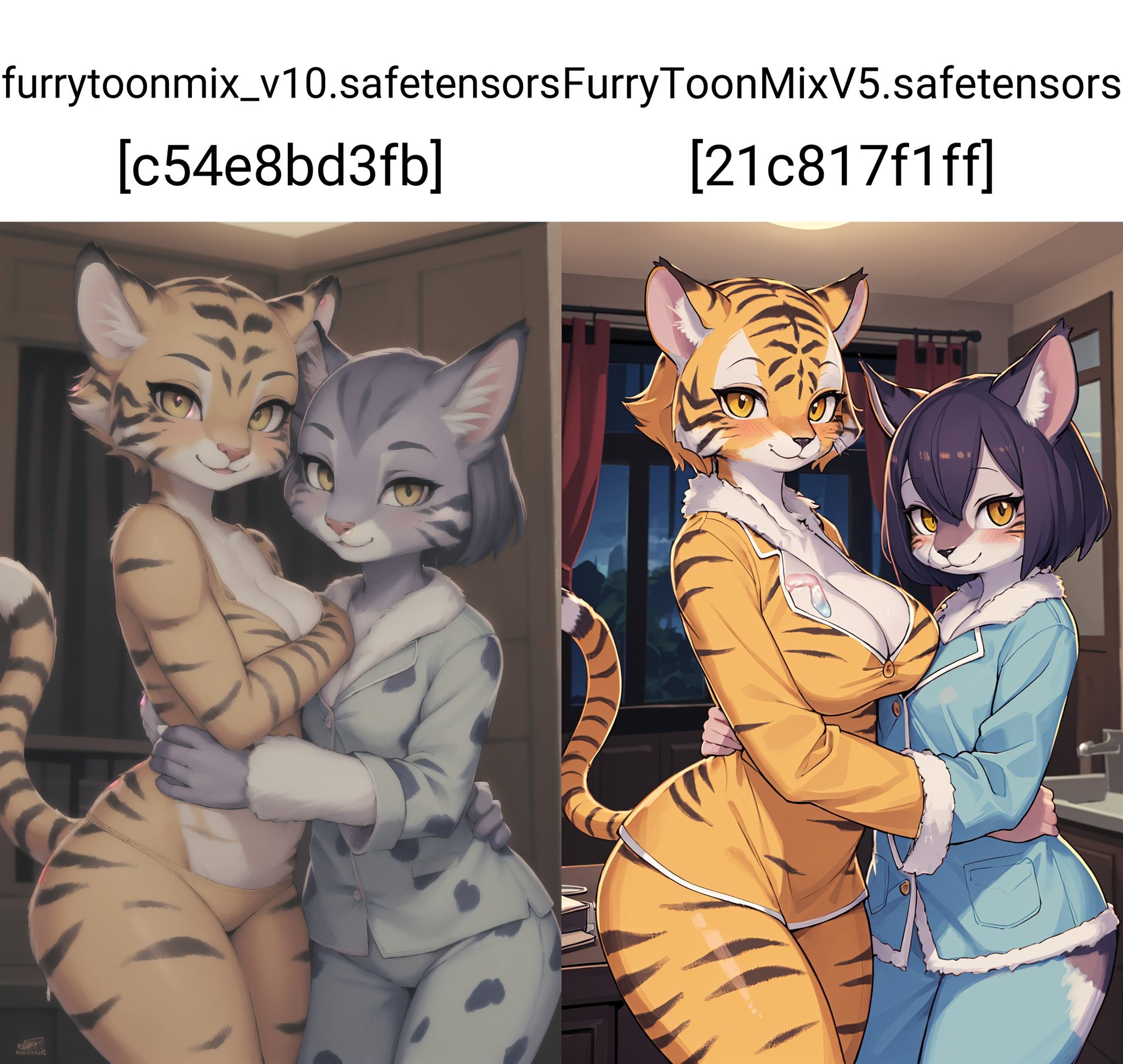 (hi res), ((masterpiece)) , ((best quality)), illustration, 2girls, pajamas, cheetah, felid, feline, khajiit, mammal, pantherine, tiger, anthro,  bodily fluids,  duo, female, female/female, fur, smile, spots, spotted body, spotted fur, squish, upper body, indoors, short hair,