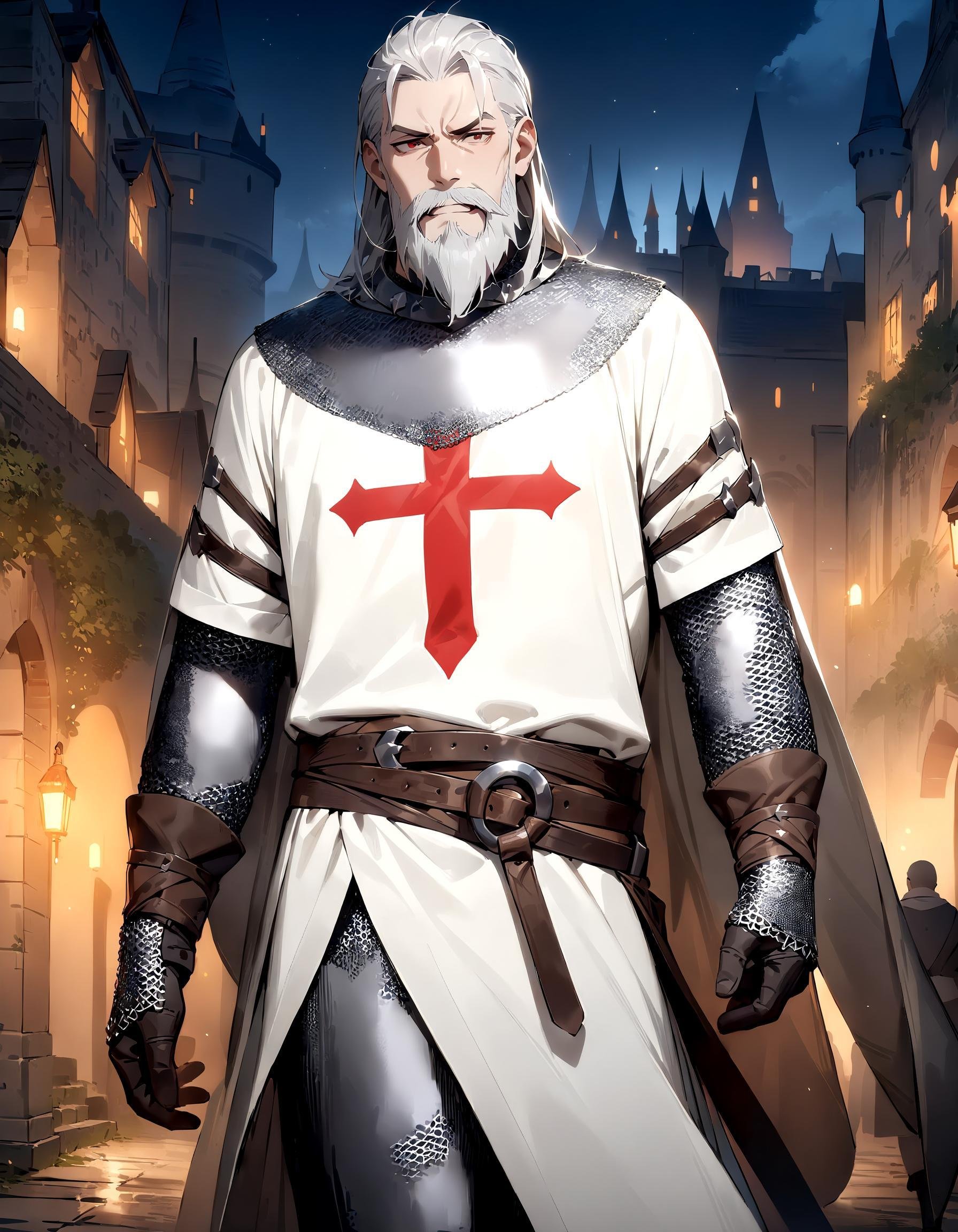 (masterpiece, best quality, very aesthetic:1.2), absurdres, 1boy, male focus, grey beard, white t3mpl4rtunic with a red cross, chainmail, outdoors, castle, night, illustration, perfect composition, intricate details, <lora:templarclothesxl:0.8>