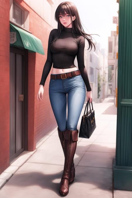 (masterpiece, best quality),<lora:Kang Yuna-lora-Faxtron:0.8> kang yuna, blueish-gray eyes, black hair, long hair, medium breasts, navel, belt, black turtleneck, long sleeves, blue jeans, brown knee boots,<lora:add_detail:1> 