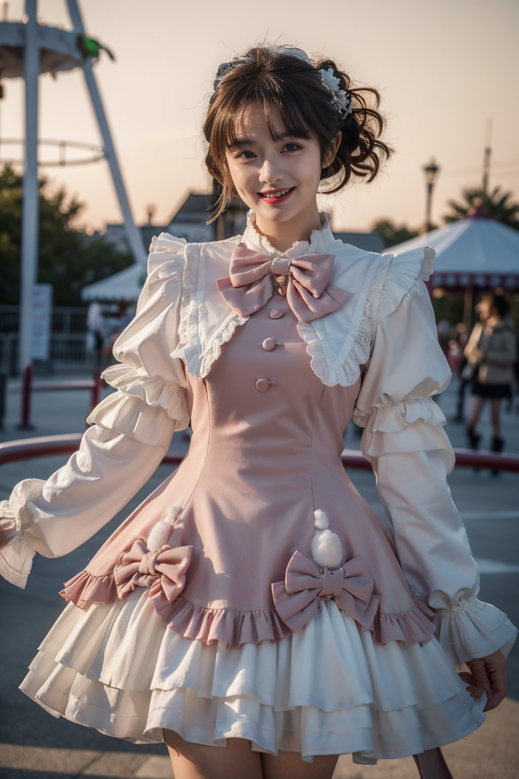 best quality, masterpiece, photorealistic, 1girl, solo, long straight black hair, blunt bangs, looking at viewer, smile, cowboy shot, standing, cyb dress, pink dress, long sleeves, puffy long sleeves, bow, amusement park, people, <lora:cute_dress_style1_v1:0.7>