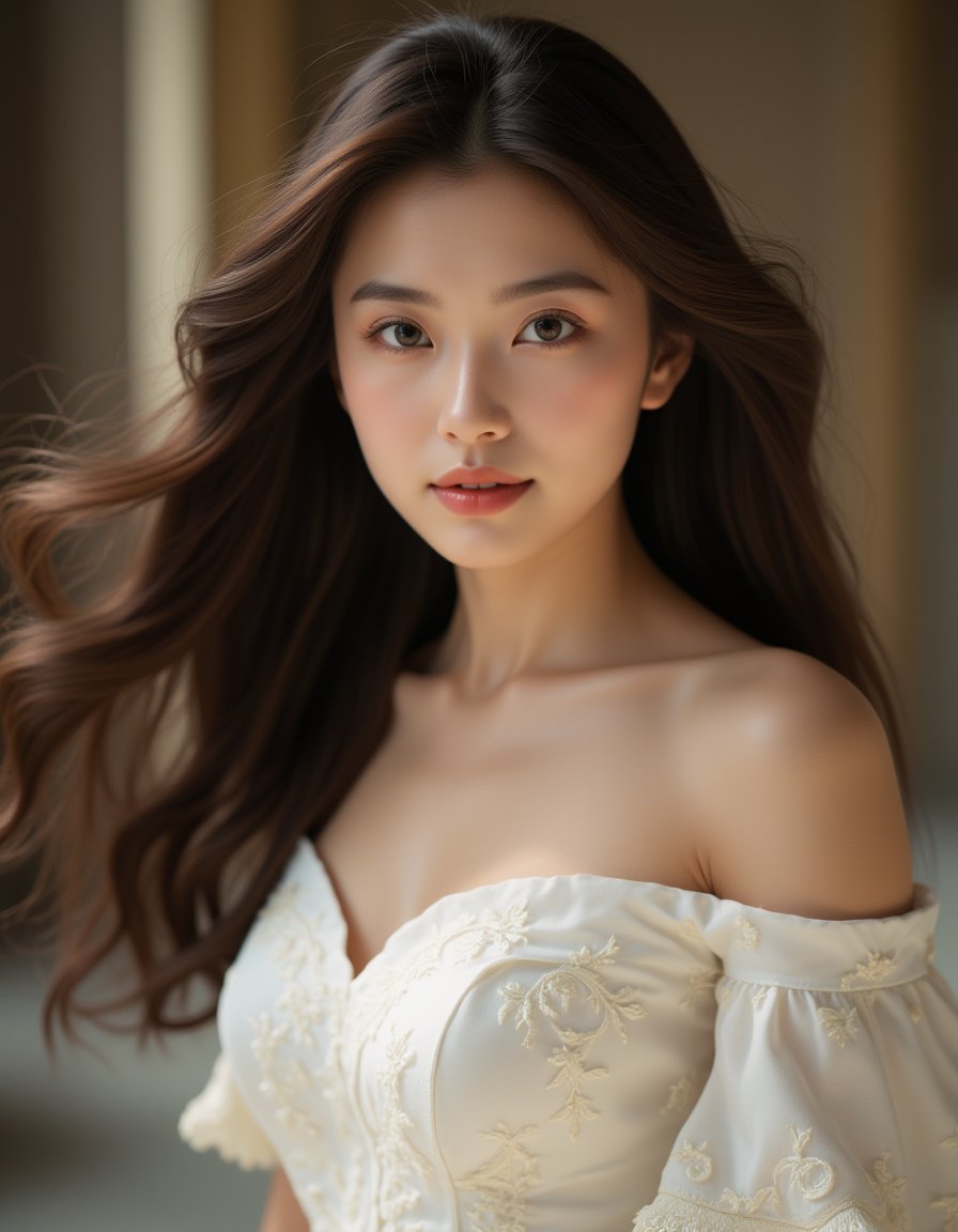 best quality, masterpiece, raw photo of a girl in white off-shoulder Rococo which often for ornate details, 19th-century elegance, flowing long brown hair cascading over her shoulders, shy face, (looking at camera), eye level, cleavage, simple background, middle distance shot taken by long range lens, far side key light, professional cinematic, soft shadow, soft bokeh, professional photography, balanced contract, balanced exposure,