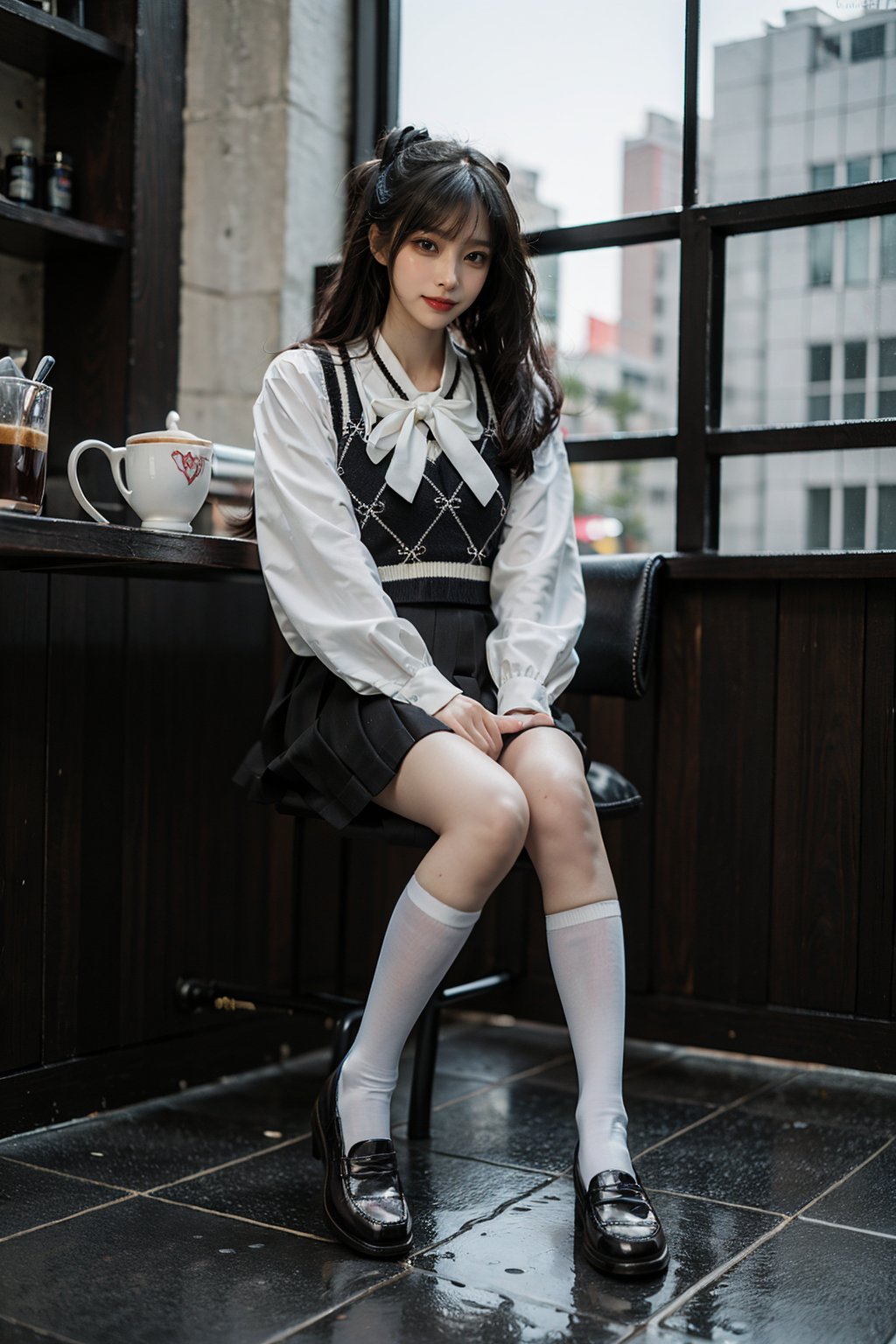 best quality, quality, masterpiece, photorealistic, sitting, 1girl, solo, full body, slime girl, dating attire, socks, black shoes, cafe, coffee, depth of field, depth of field, window, detailed background, <lora:dating_attire_style1_v1:0.75>