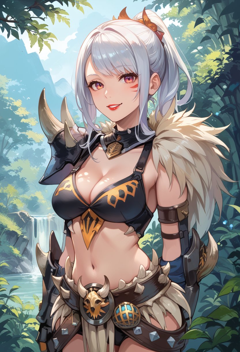 (score_9:0.9),score_8_up,score_7_up,rating_safe,(zPDXL),(zPDXL3),<lora:Nergigante armor ponyXL v1:0.7>,nergigante armor,1girl,solo,long hair,looking at viewer,medium breasts,navel,black bikini armor,cowboy shot,ponytail,cleavage,smile,lipstick,large breasts,parted lips,spikes shoulder armor,white hair,midriff,white spikes,black gauntlets,black armored skirt,long hair,facial mark,forest, 