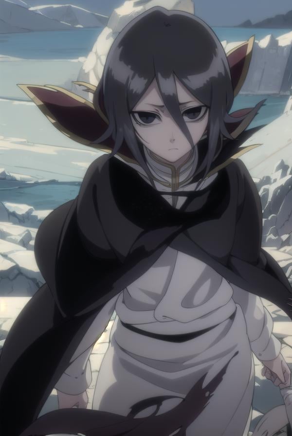 rukiakuchiki, <lora:rukia kuchiki movie3-lora-nochekaiser:1>,dark rukia kuchiki, kuchiki rukia, short hair, grey hair, hair between eyes, (black eyes:1.5), (black sclera:1.5),BREAK cape, robe, white robe, high collar, long sleeves, torn clothes,BREAK outdoors,BREAK looking at viewer, (cowboy shot:1.5),BREAK <lyco:GoodHands-beta2:1>, (masterpiece:1.2), best quality, high resolution, unity 8k wallpaper, (illustration:0.8), (beautiful detailed eyes:1.6), extremely detailed face, perfect lighting, extremely detailed CG, (perfect hands, perfect anatomy),