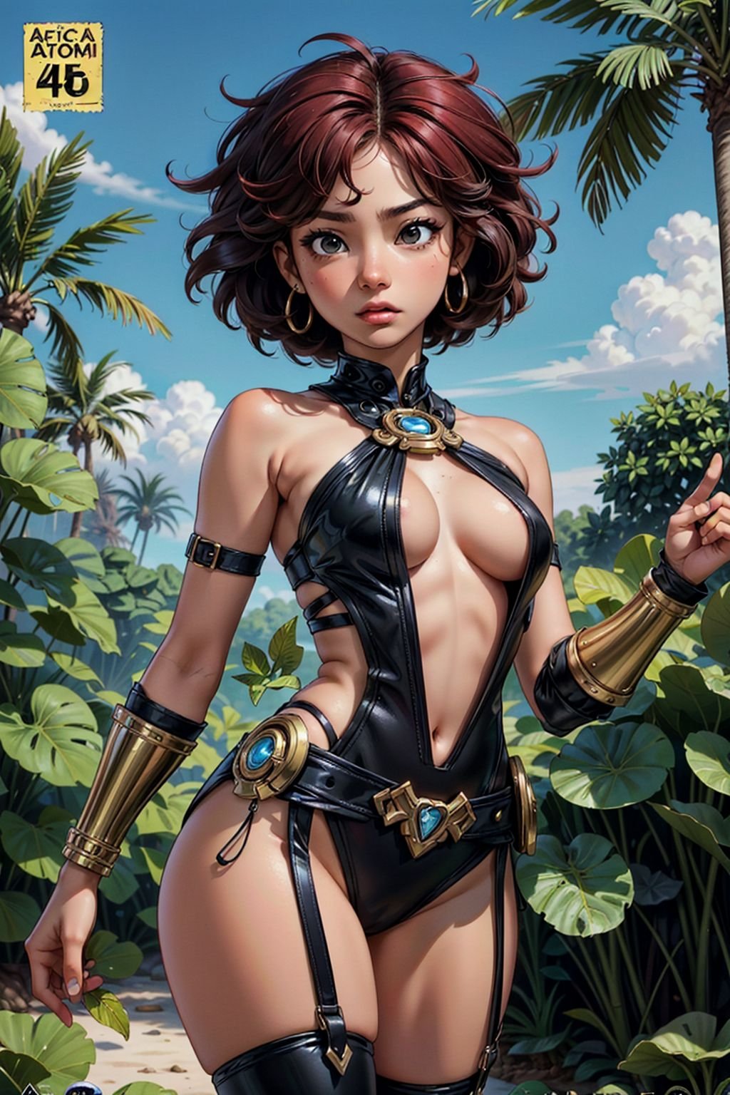 1girl, african girl, masterpiece, high quality, 8k, high resolution, perfect art, Average Height, Diamond-Shaped Face, black Skin, red Hair, black Eyes, Short Nose, Full Lips, Receding Chin, long curly Hair, (comic book cover style, action pose:1.2), jungle warrior outfit, angry expression, jungle in the background, kkw-Afro