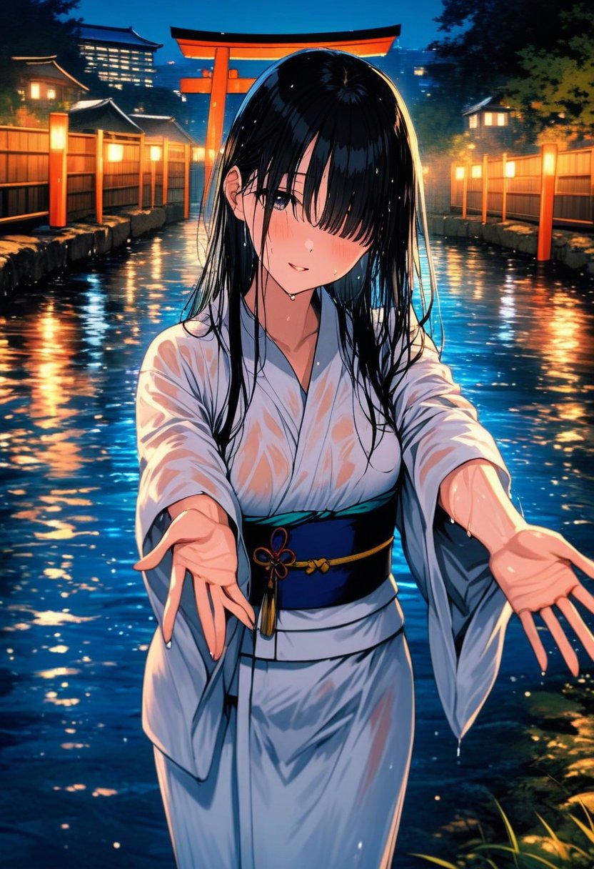 <lora:BLE 0.5v:1>, BLE, best quality, masterpiece, detailed background,1girl, hair over eyes, japanese clothes, kimono, solo, wet, night, long hair, black hair, outdoors, torii, wet hair, sash, water, obi, building, city, bangs, city lights, wet clothes, long sleeves, reaching towards viewer, facing viewer, yukata, wide sleeves, covered eyes, white kimono, outstretched hand, standing