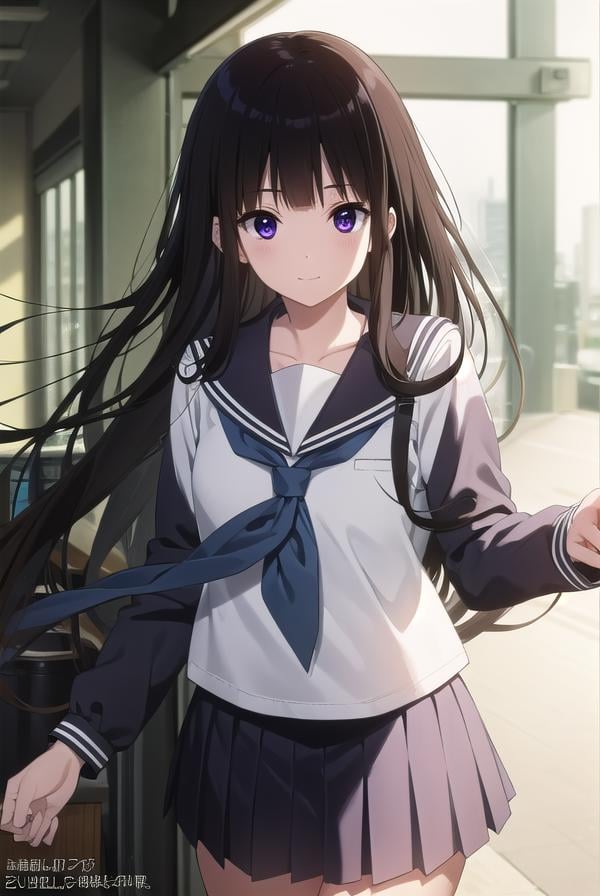 eruchitanda, <lora:eru chitanda s1-lora-nochekaiser:1>,eru chitanda, long hair, black hair, bangs, blunt bangs, (purple eyes:1.1), sidelocks, smile,BREAK skirt, school uniform, serafuku, kamiyama high school uniform \(hyouka\), black skirt, long sleeves, black sailor collar,BREAK indoors, classroom,BREAK looking at viewer, (cowboy shot:1.5),BREAK <lyco:GoodHands-beta2:1>, (masterpiece:1.2), best quality, high resolution, unity 8k wallpaper, (illustration:0.8), (beautiful detailed eyes:1.6), extremely detailed face, perfect lighting, extremely detailed CG, (perfect hands, perfect anatomy),