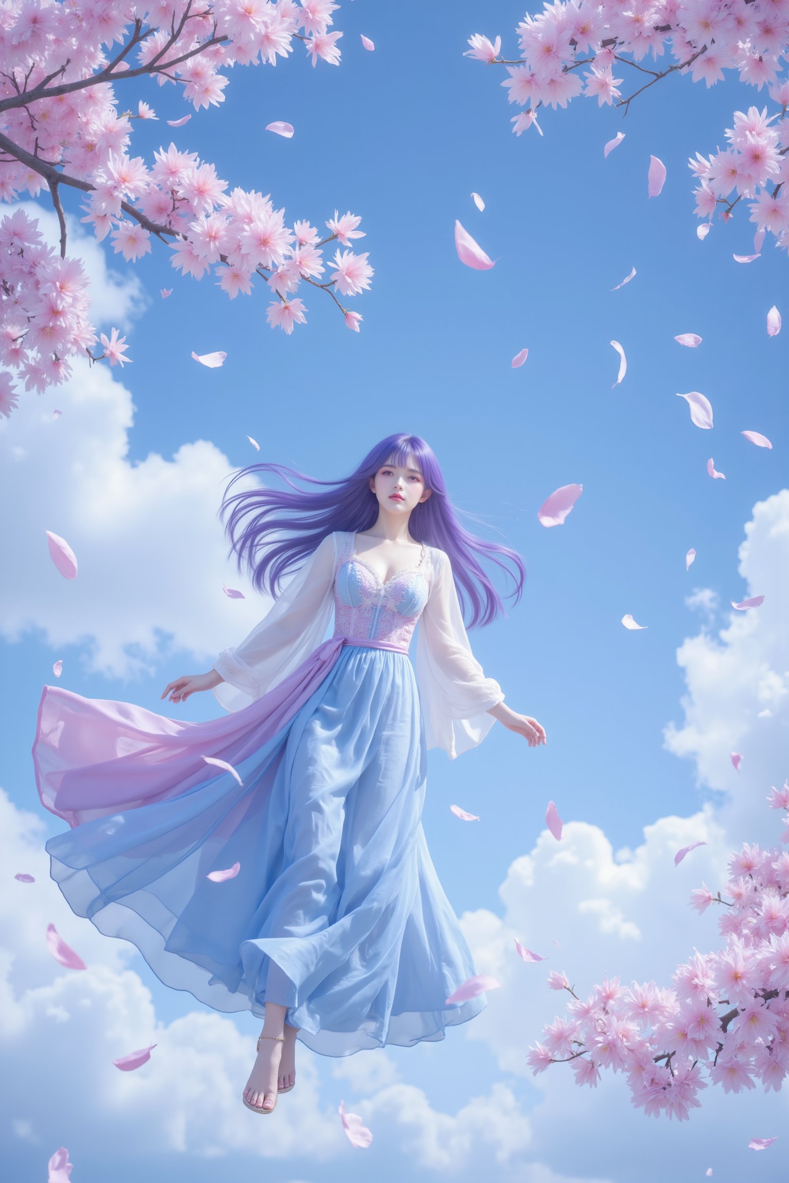 1girl, purple hair, begonia petals floating all over the sky,from_above,upper_body,AFLY,Micro Rain Haitang,eyes_closed,curvy,begonia flower branch,blue white pink long dress,transparent long dress,<lora:天穹长老2.0:0.8>