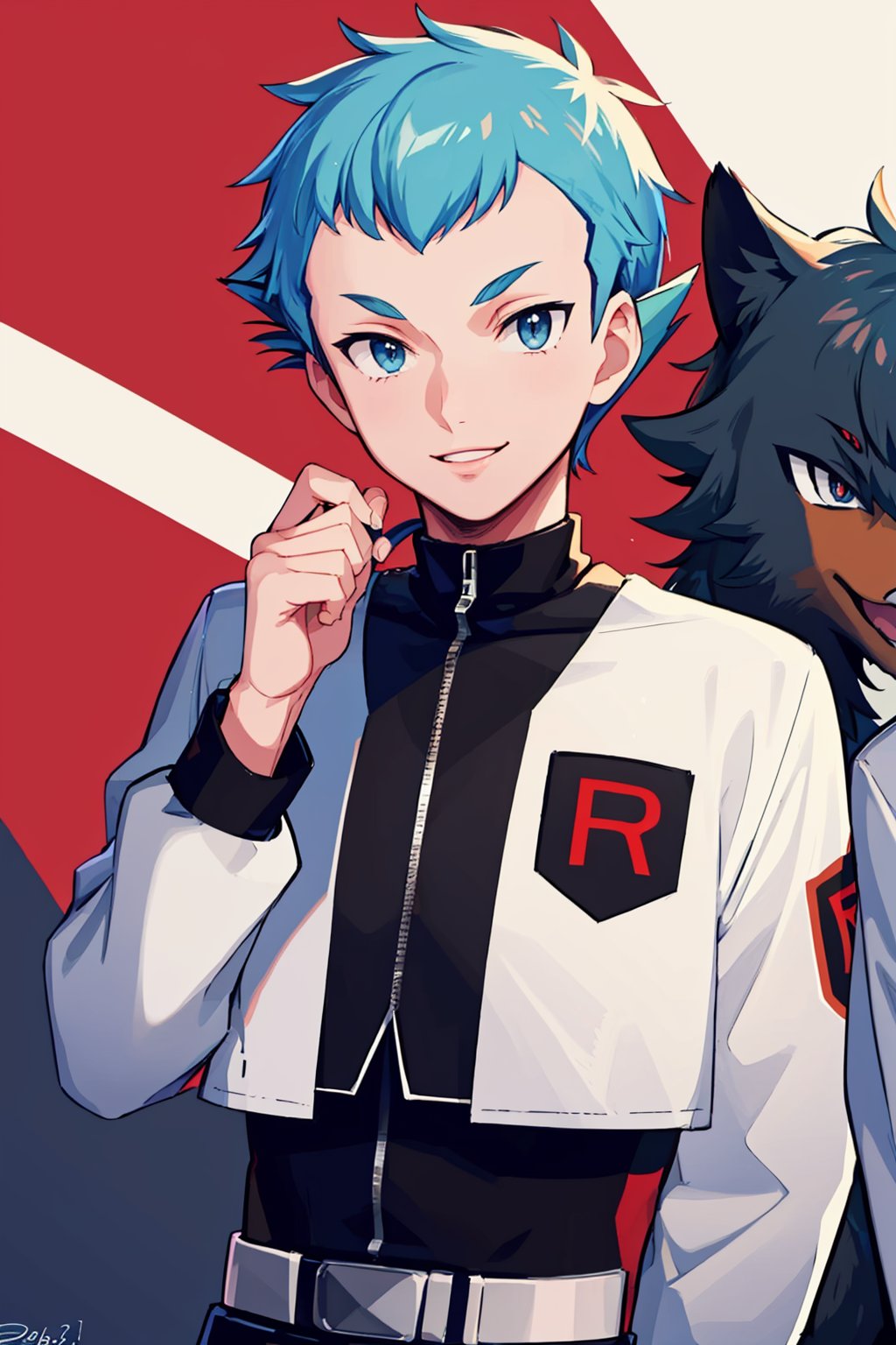 masterpiece,best quality, highly detailed, archer (pokemon),male focus, 1boy, solo, team rocket uniform, smile, belt, long sleeves, hand up, white jacket, parted lips, shirt, dated, upper body, belt buckle, signature,<lora:archer_(pokemon):1>