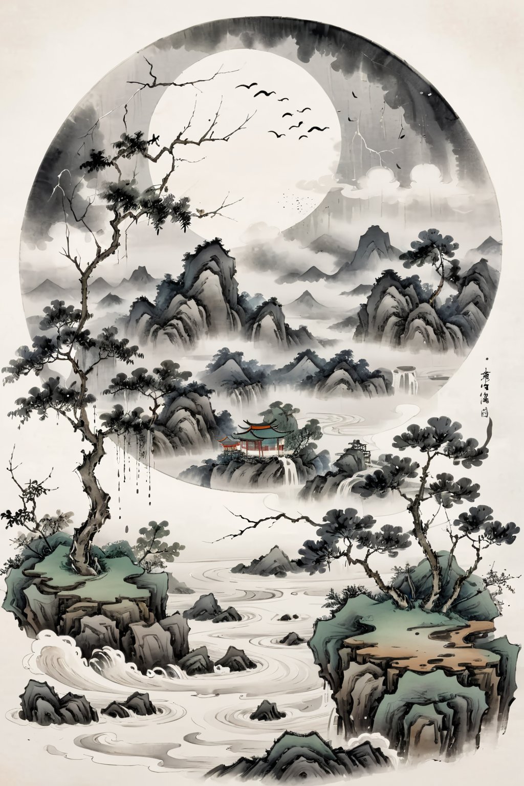 Best quality,8k,cg,falls,Rain,raindrops,Chinese ancientpaintings,traditional chinese ink painting,A circle with a forest inside,a crescent moon,clouds below the circle,and lightning around it.,chinese meticulous ink,illustration,white background,centered,completed,<lora:工笔水墨:0.8>,